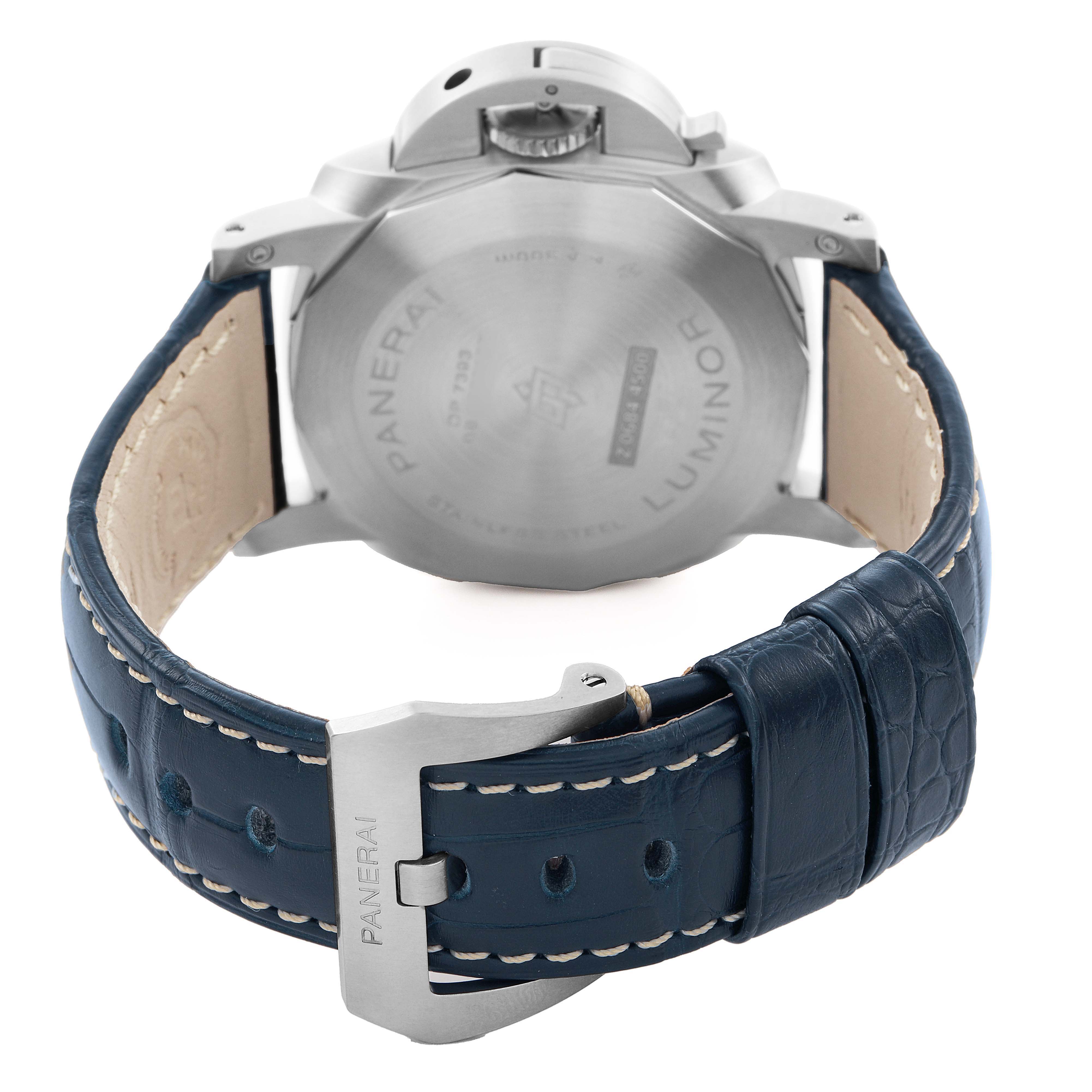 The image shows the back of a Panerai Luminor PAM01313 Men's Stainless Steel Blue Dial watch, focusing on the case back and blue leather strap with buckle.