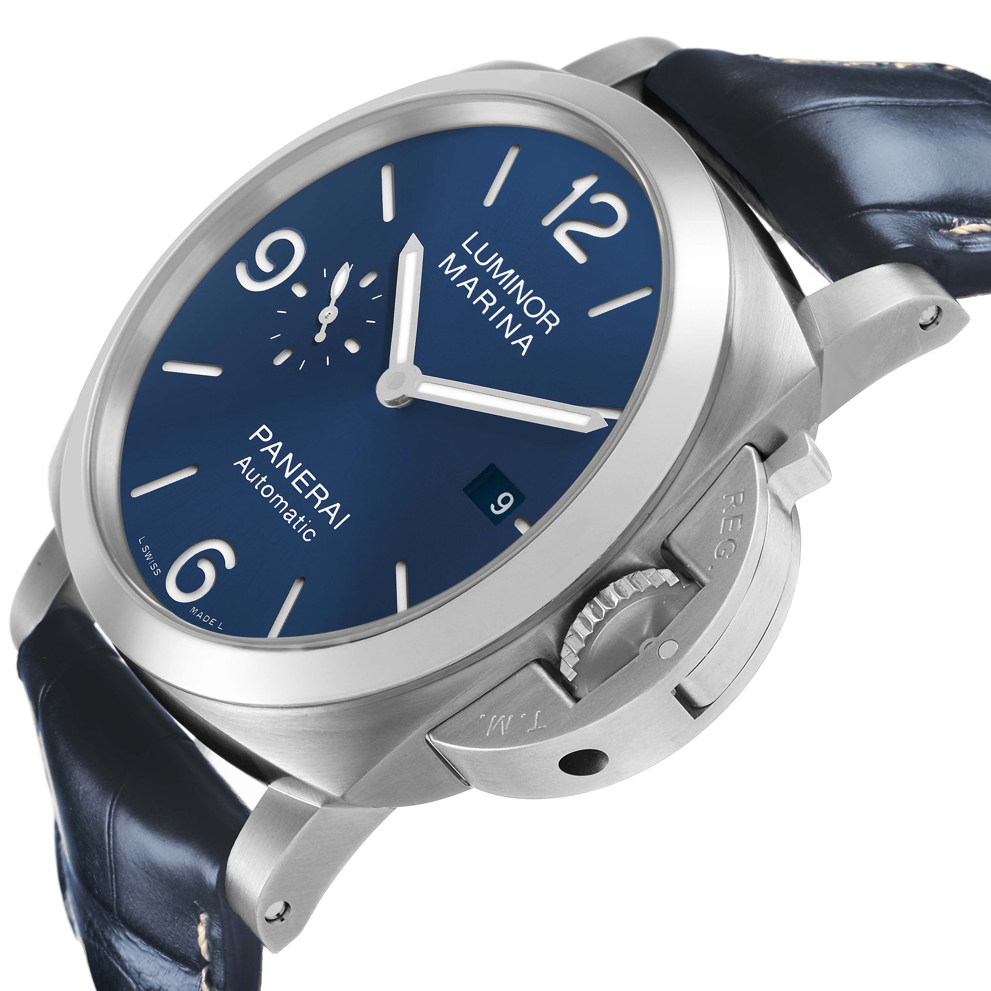 The Panerai Luminor PAM01313 Men's Stainless Steel Blue Dial watch is shown from a diagonal angle, highlighting the dial, crown guard, and strap.