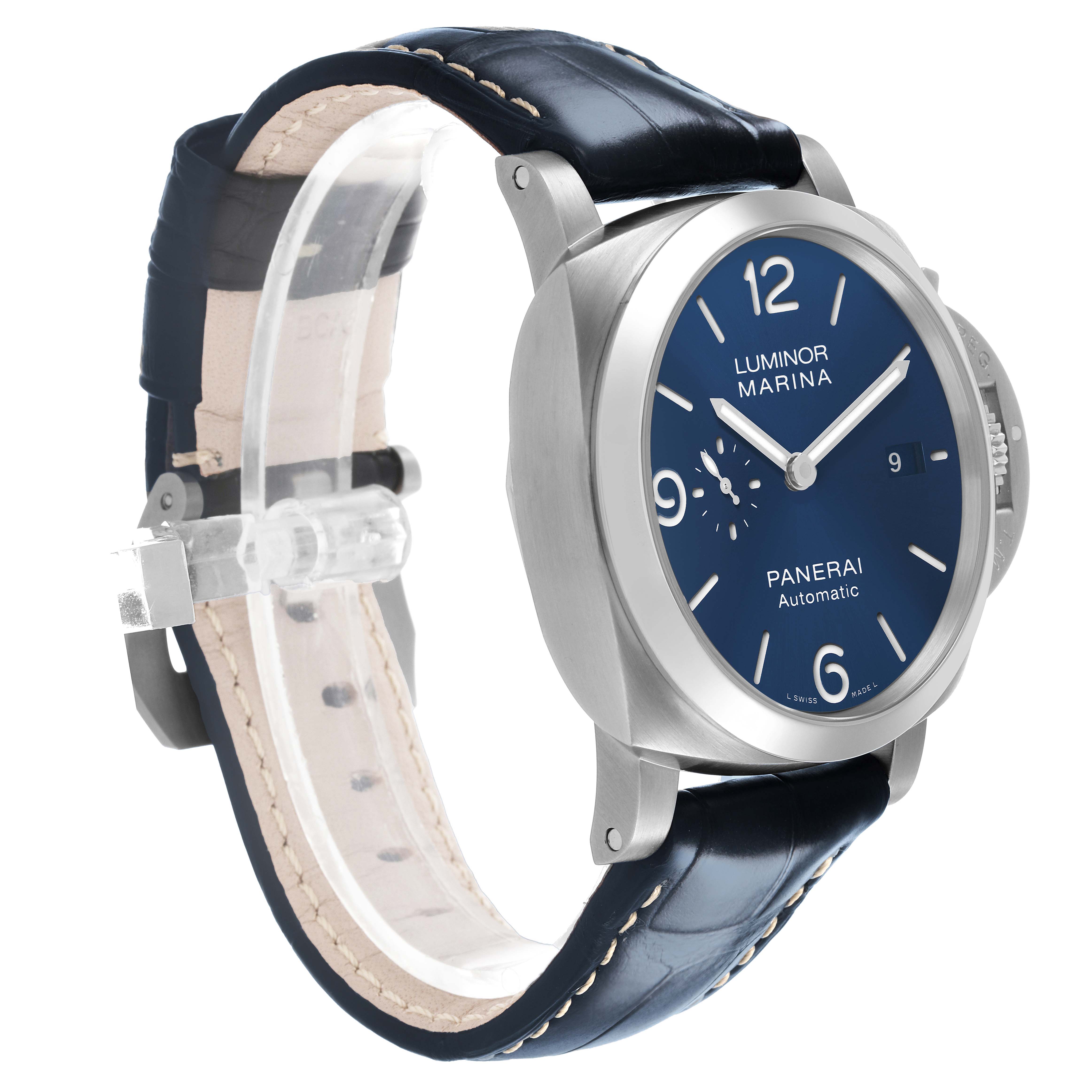 The image shows a Panerai Luminor PAM01313 Men's Stainless Steel Blue Dial watch at a slight angle, highlighting its face, crown guard, and leather strap.