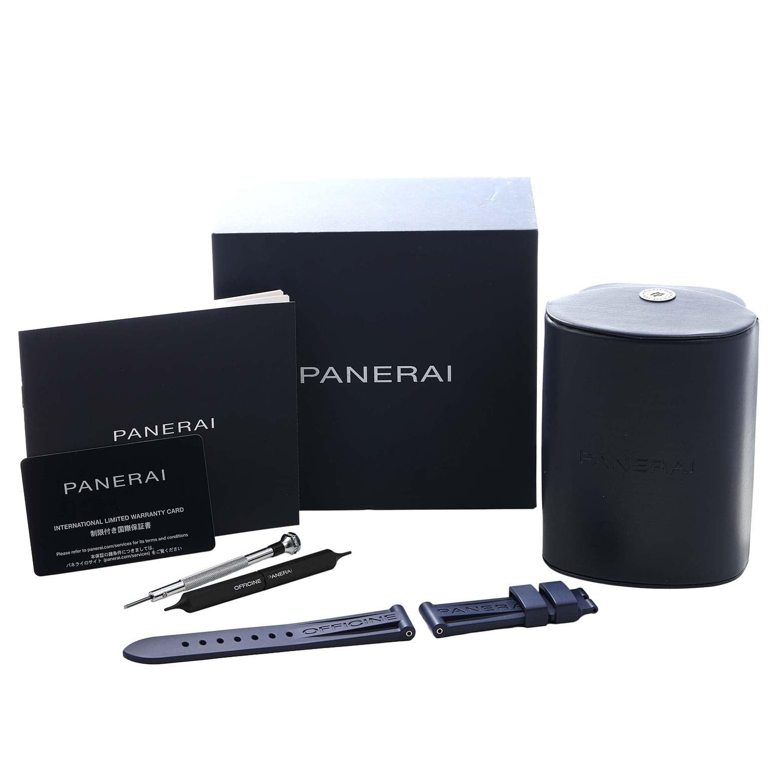 The image shows Panerai Luminor PAM01313 Men's Stainless Steel Blue Dial watch accessories including a box, manual, warranty card, screwdriver, and straps.