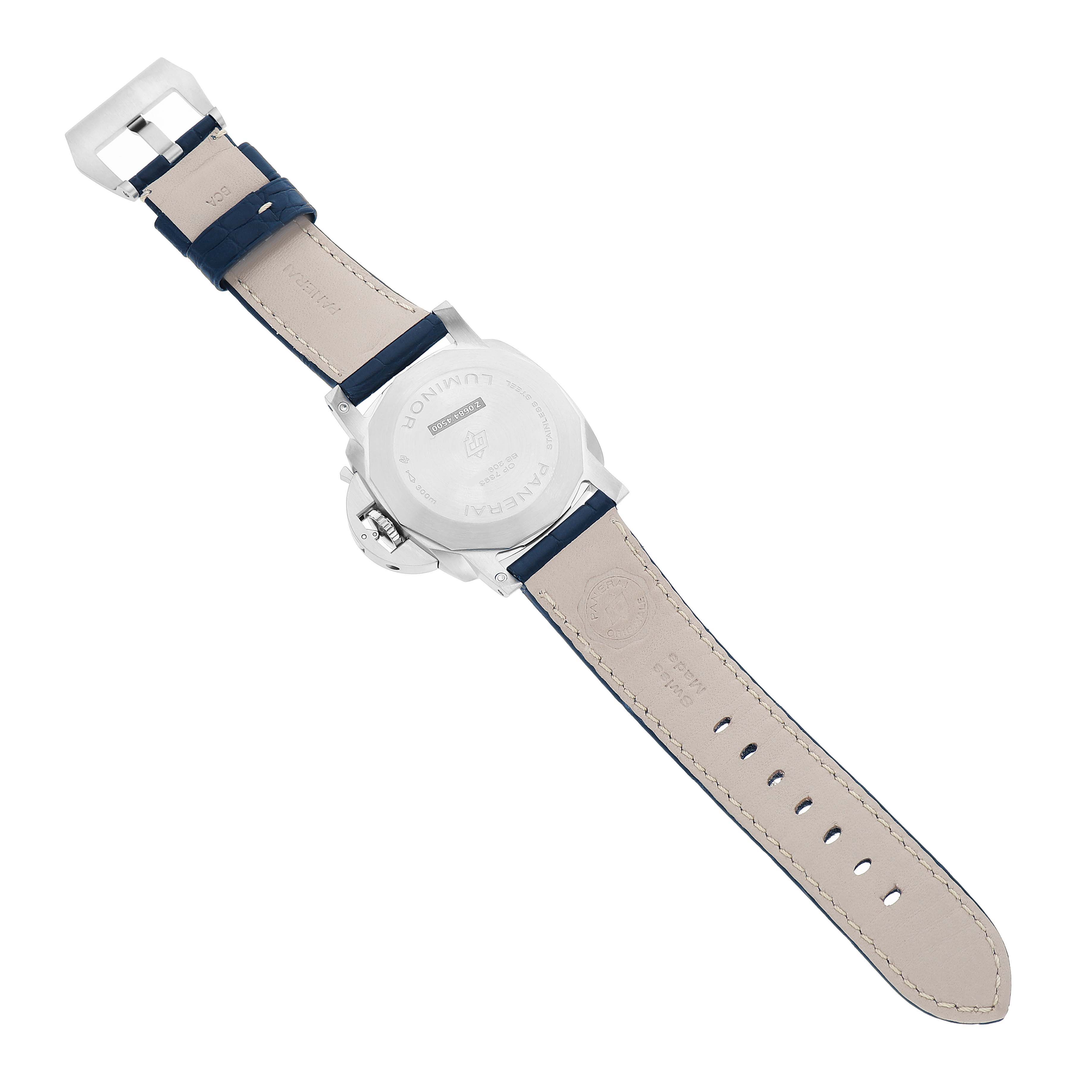 The image shows the back view of a Panerai Luminor PAM01313 Men's Stainless Steel Blue Dial watch, highlighting the case back, strap, and buckle.
