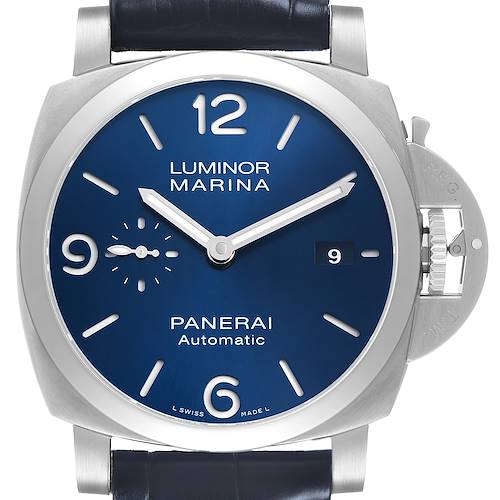 The Panerai Luminor PAM01313 Men's Stainless Steel Blue Dial watch is shown from the front, displaying the dial, hands, crown, and strap.