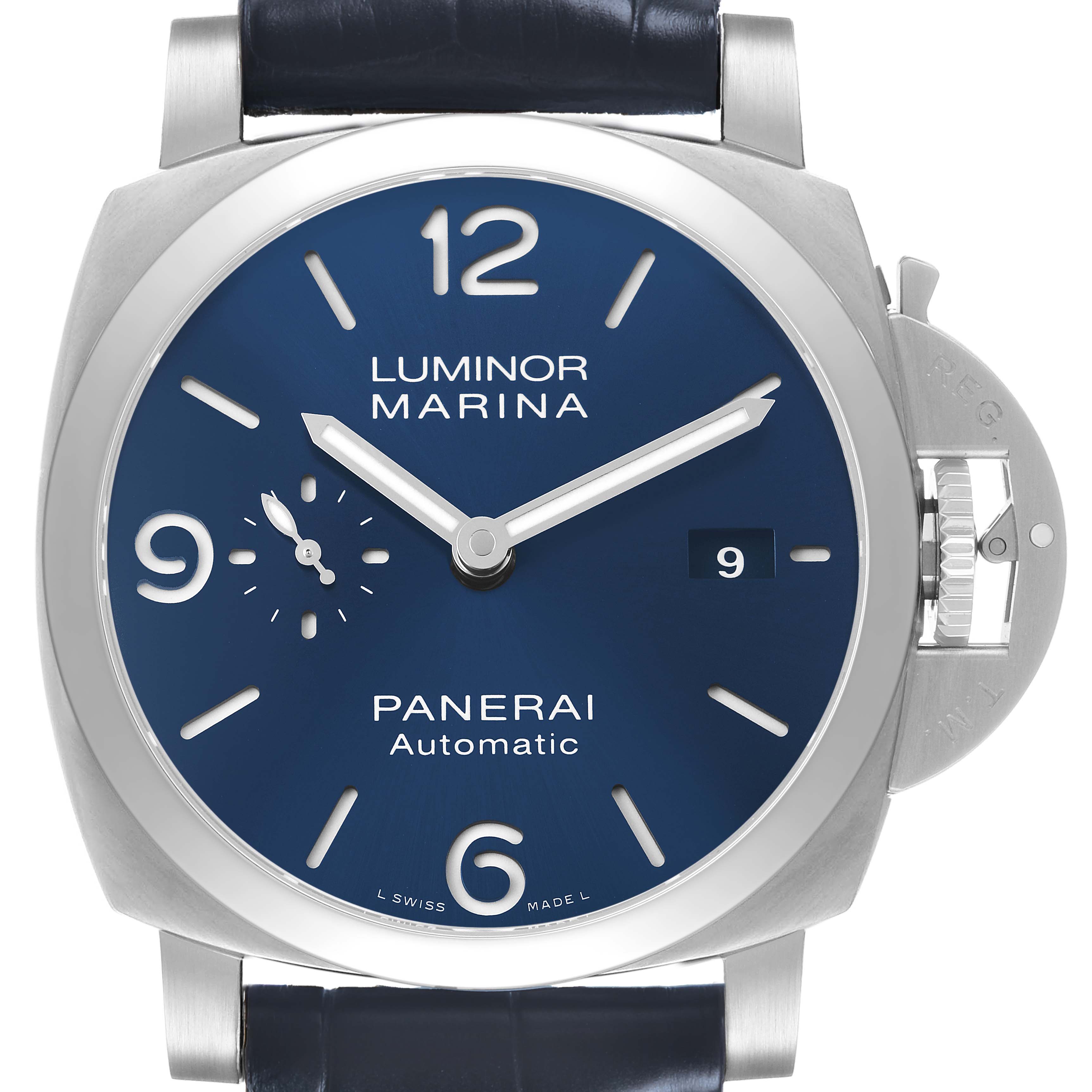 The image shows a front view of a Panerai Luminor PAM01313 Men's Stainless Steel Blue Dial watch, displaying its blue dial and distinctive crown guard.