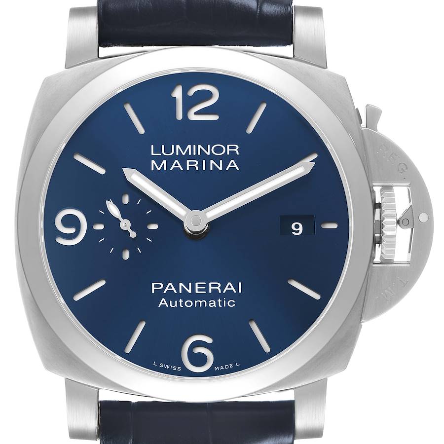 The image shows a front view of a Panerai Luminor PAM01313 Men's Stainless Steel Blue Dial watch, displaying its blue dial and distinctive crown guard.