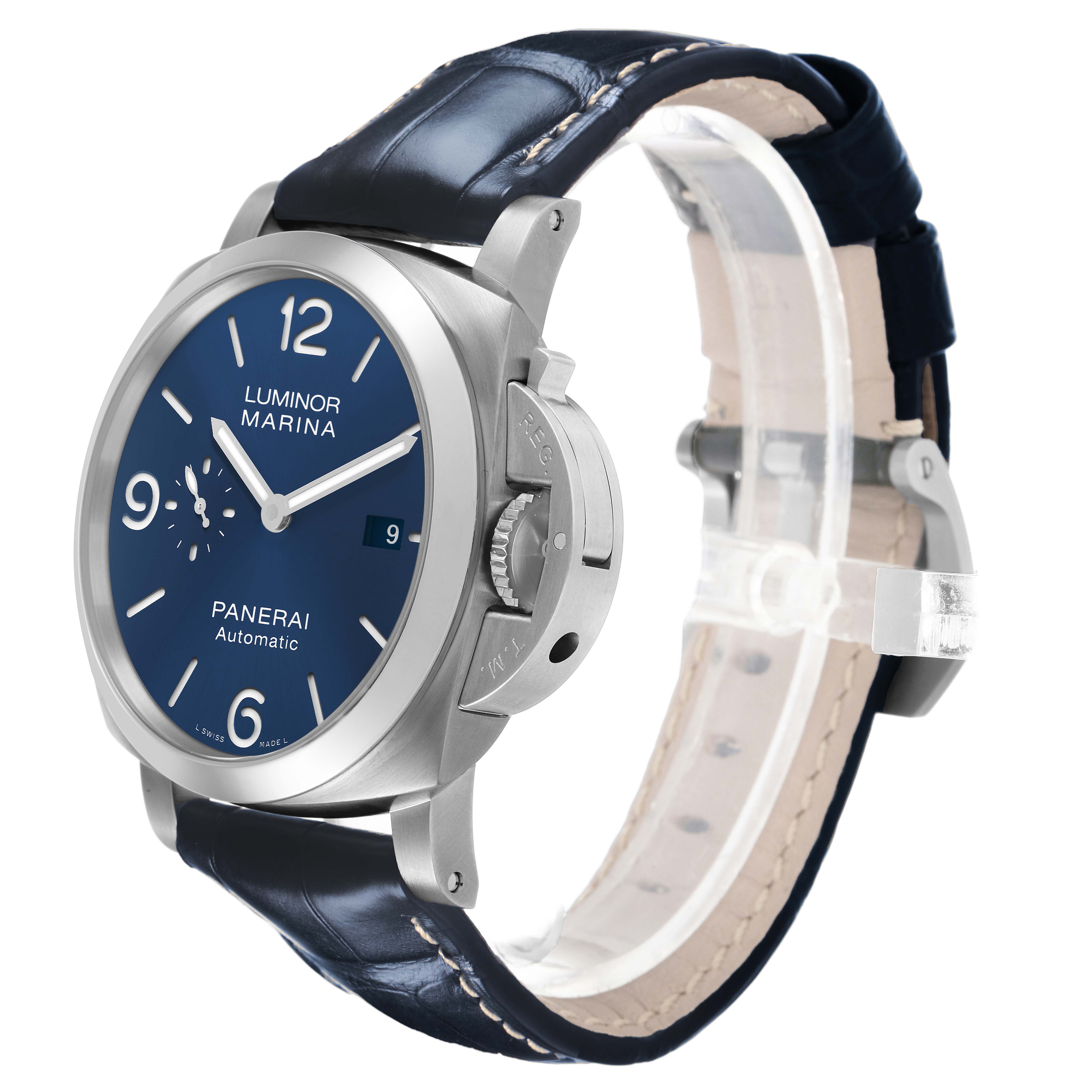 The Panerai Luminor PAM01313 Men's Stainless Steel Blue Dial watch is shown at a three-quarter angle, highlighting its face, bezel, crown guard, and strap.