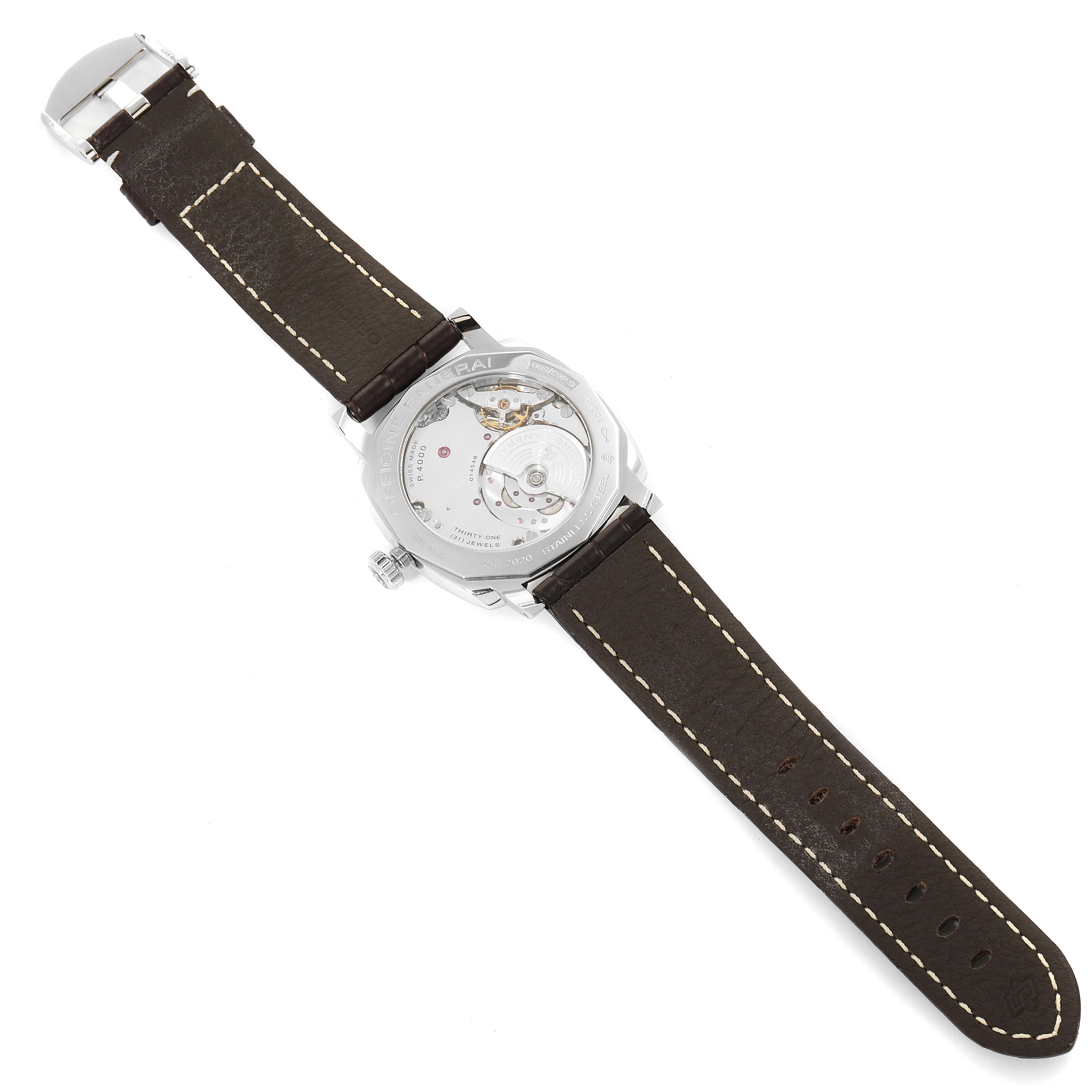 This image shows the back view of a Panerai Radiomir PAM00620 Men's Stainless Steel Black Dial PAM00620 Men's Stainless Steel Black Dial watch, displaying the movement and brown leather strap.