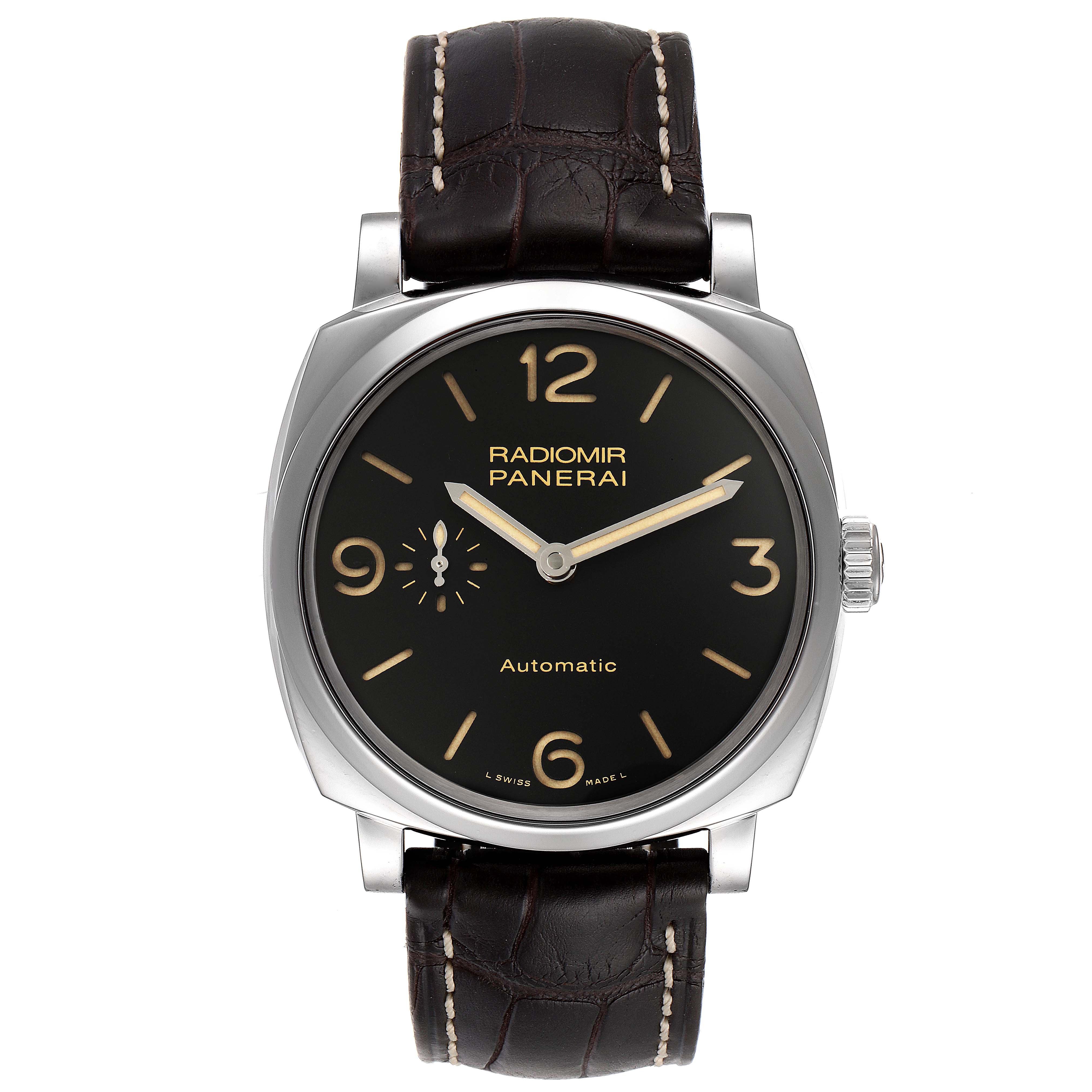 This image shows a frontal view of the Panerai Radiomir PAM00620 Men's Stainless Steel Black Dial PAM00620 Men's Stainless Steel Black Dial watch, featuring the dial, crown, and strap.