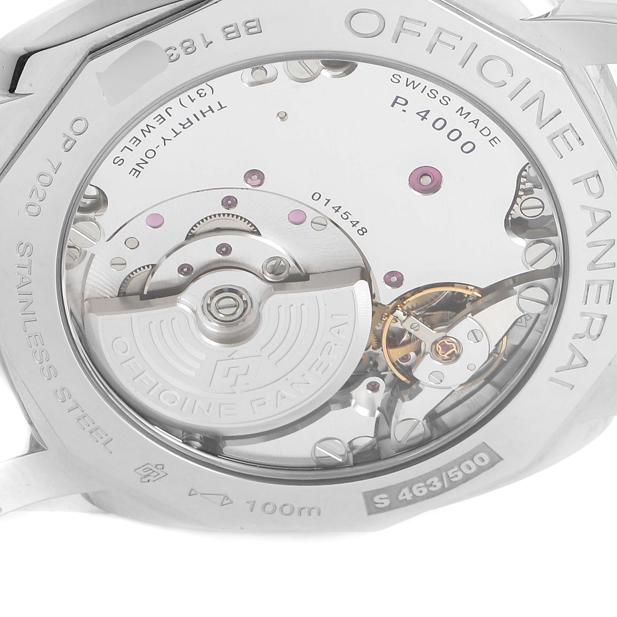 The image shows the back view of the Panerai Radiomir PAM00620 Men's Stainless Steel Black Dial PAM00620 Men's Stainless Steel Black Dial watch, showcasing its inner mechanical components and engravings.