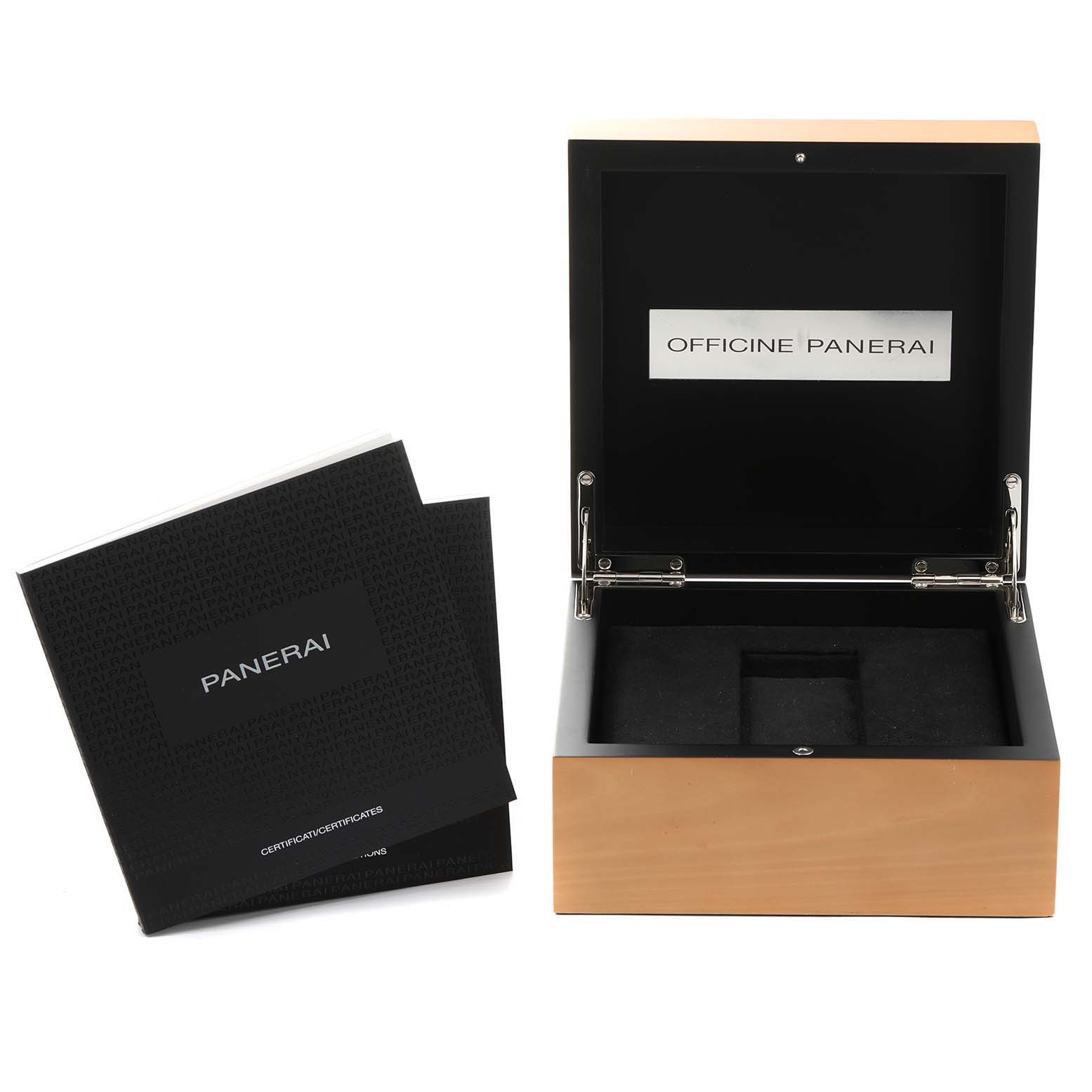 The image shows a Panerai Radiomir PAM00620 Men's Stainless Steel Black Dial PAM00620 Men's Stainless Steel Black Dial watch box and certificates from a front angle with the box lid open.