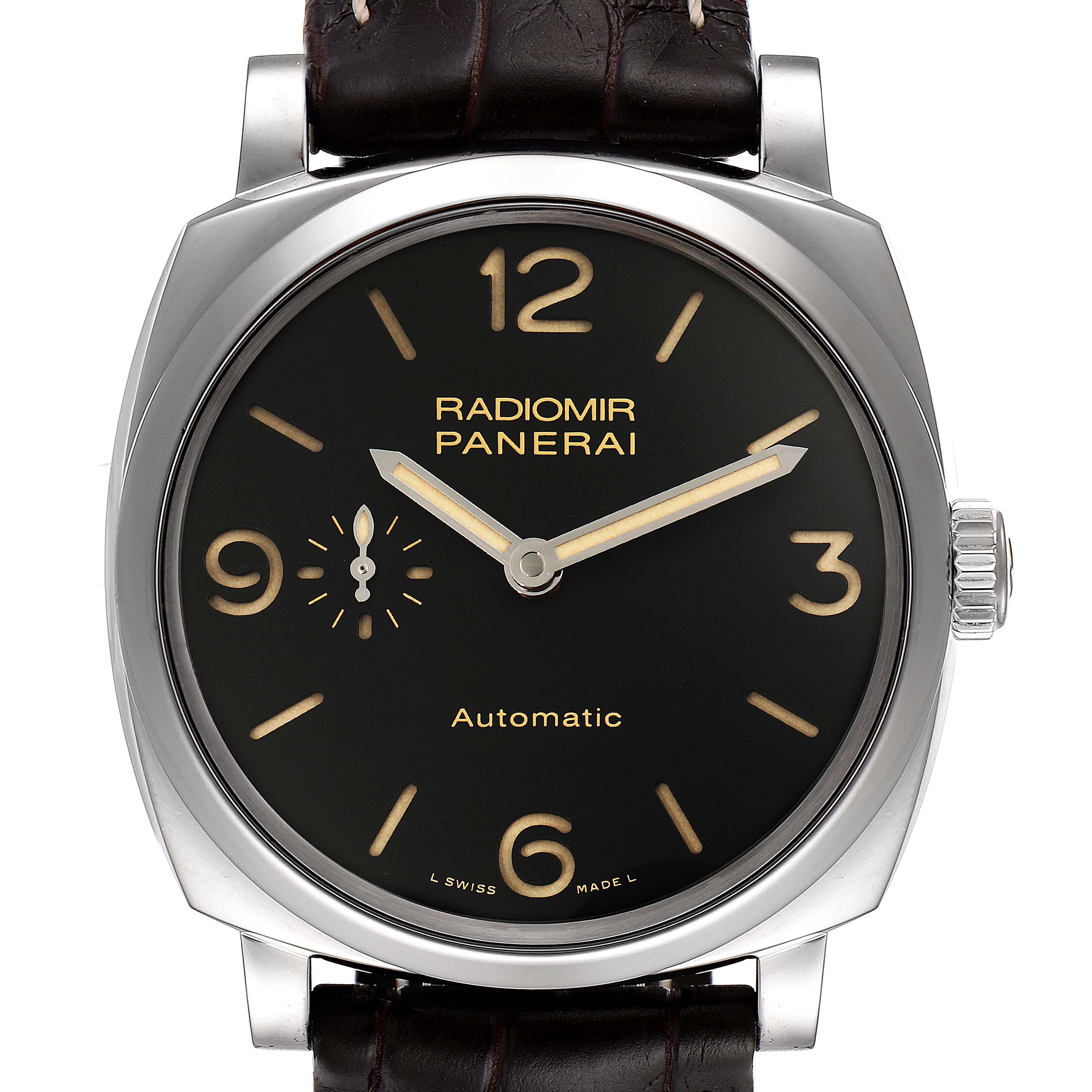 Front view of the Radiomir model by Panerai, showing the dial, hands, crown, and part of the strap.