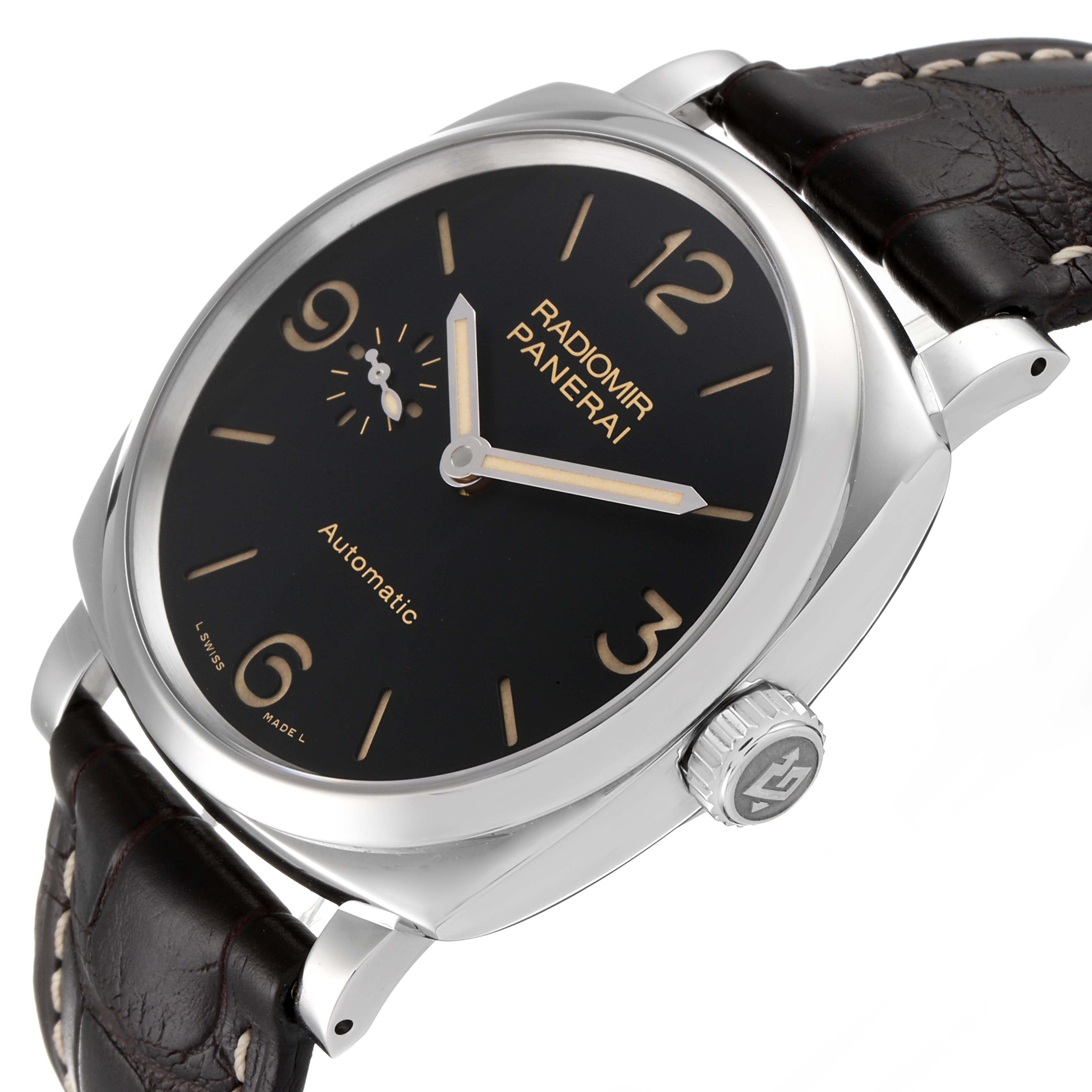This image shows a Panerai Radiomir PAM00620 Men's Stainless Steel Black Dial PAM00620 Men's Stainless Steel Black Dial watch at a tilted angle, highlighting the dial, case, crown, and leather strap.