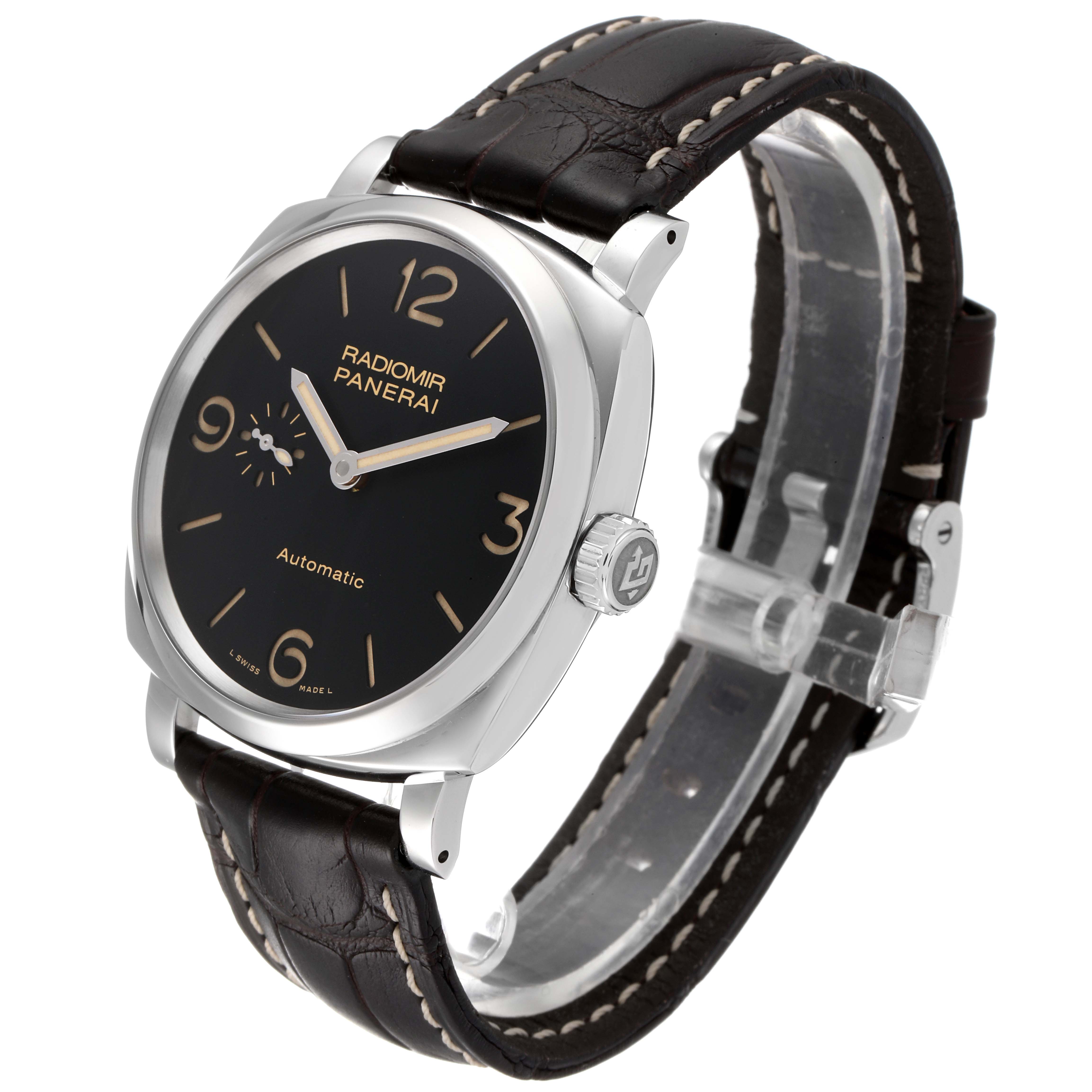 This image shows a Panerai Radiomir PAM00620 Men's Stainless Steel Black Dial PAM00620 Men's Stainless Steel Black Dial watch at a three-quarter angle, highlighting the black dial, silver case, crown, and leather strap.