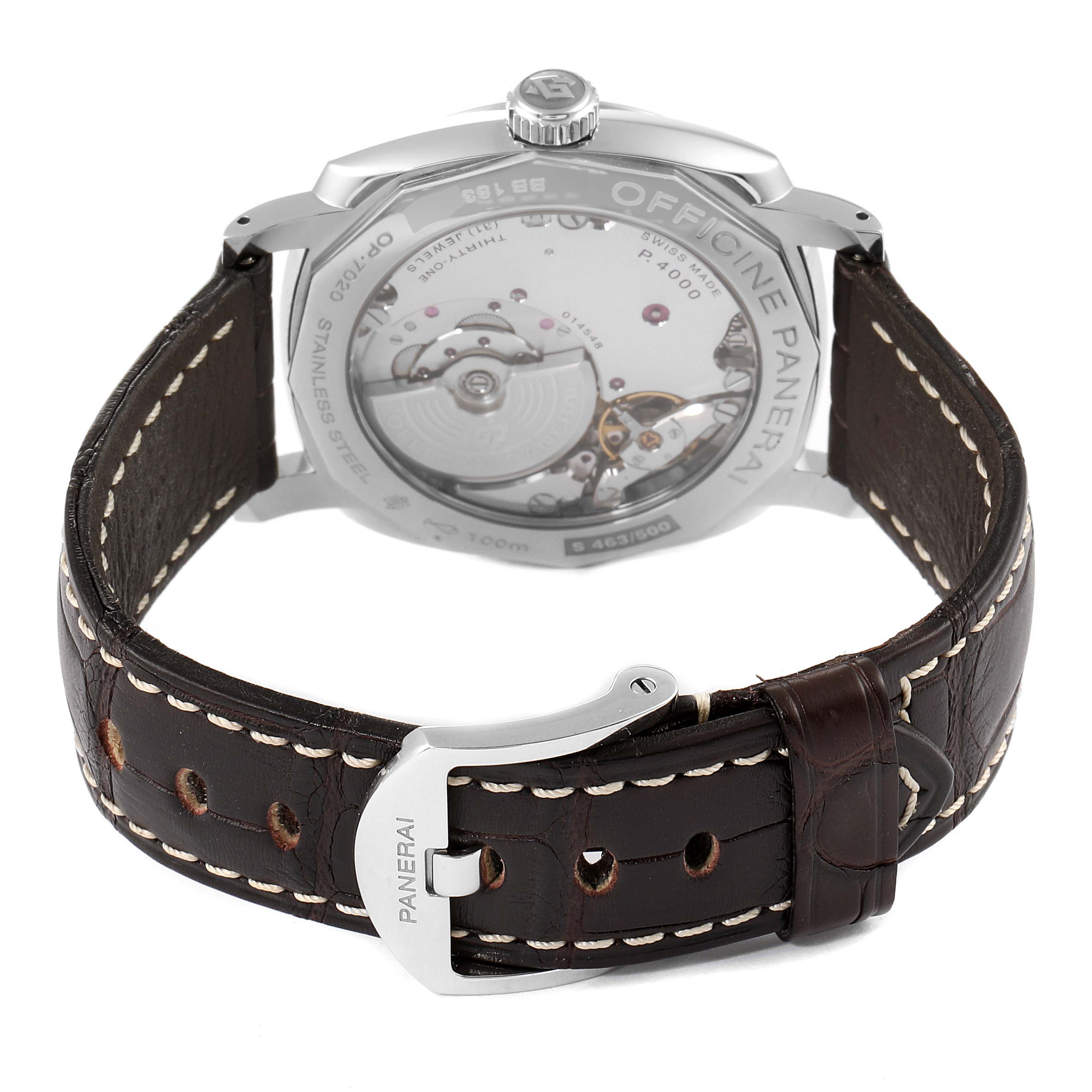 The image shows the back view of a Panerai Radiomir PAM00620 Men's Stainless Steel Black Dial PAM00620 Men's Stainless Steel Black Dial watch, highlighting its movement and leather strap with stitching.