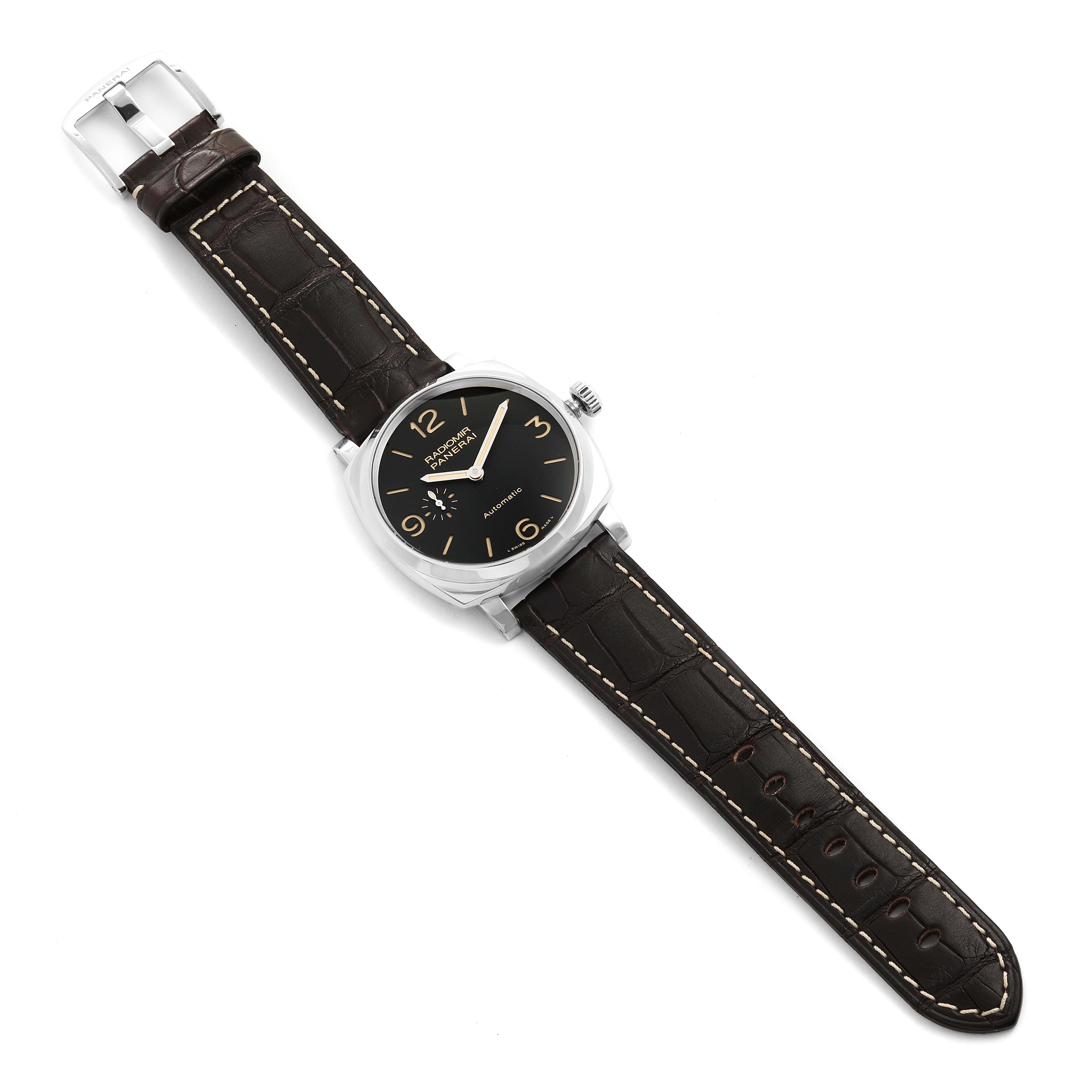 This image shows a Panerai Radiomir PAM00620 Men's Stainless Steel Black Dial PAM00620 Men's Stainless Steel Black Dial watch at a top-down angle, displaying its dial, bezel, crown, and leather strap.