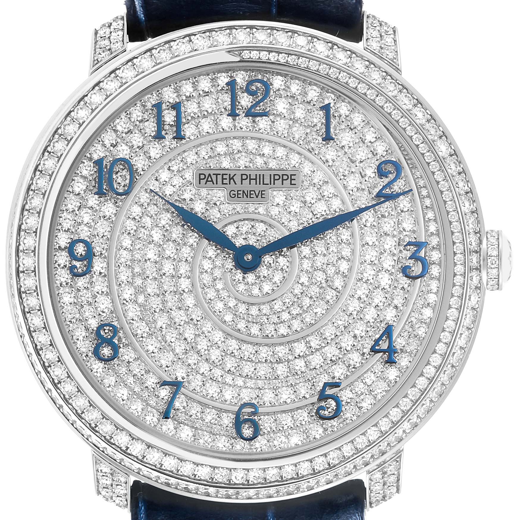 The Patek Philippe Calatrava 4978/400G-001 Men
s White Gold Silver Dial 4978/400G-001 Men
s White Gold Silver Dial watch is shown from a front angle, highlighting the diamond-encrusted dial and bezel.