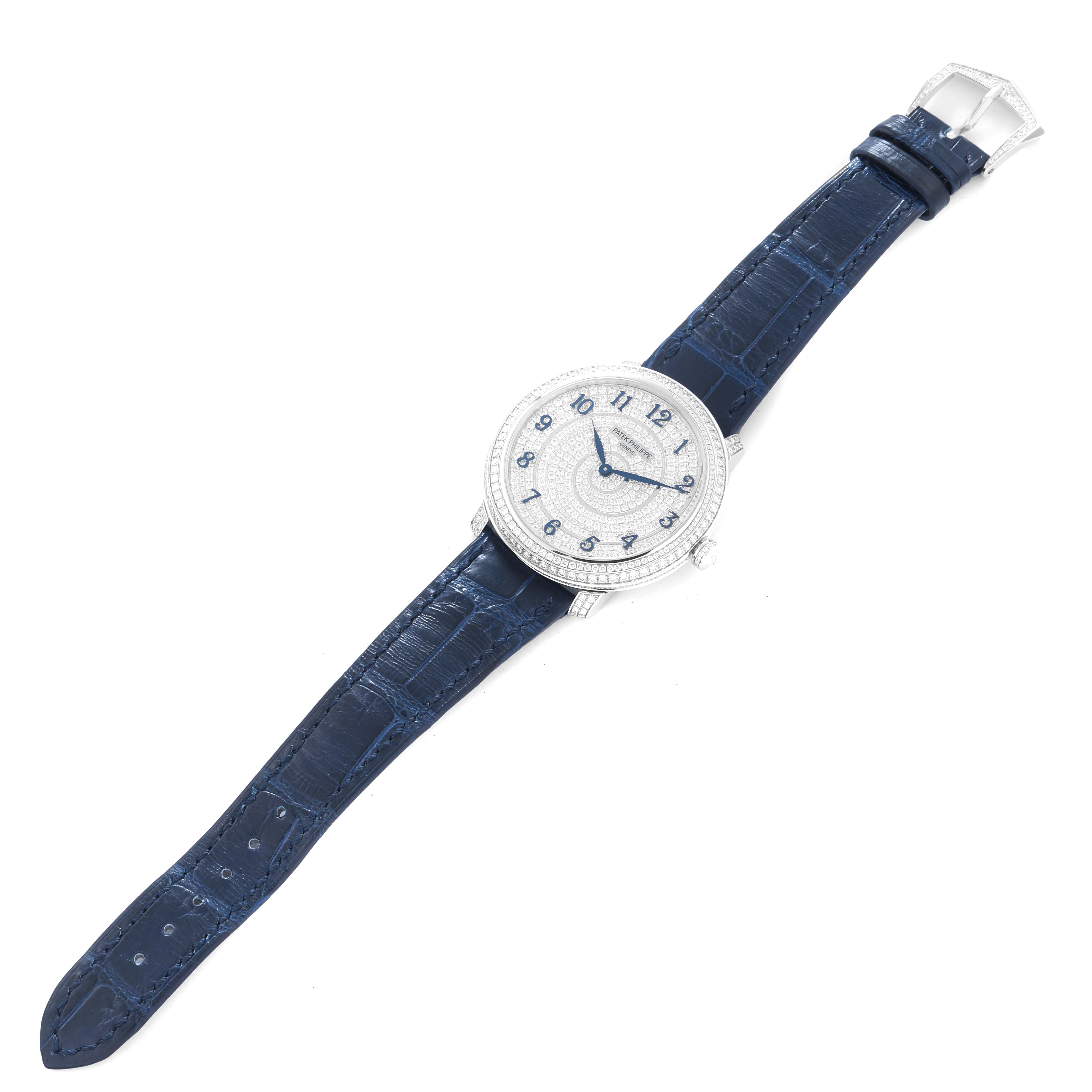 The Patek Philippe Calatrava 4978/400G-001 Men
s White Gold Silver Dial 4978/400G-001 Men
s White Gold Silver Dial watch is shown from a top-down angle, displaying the full dial, crystal, case, and strap.