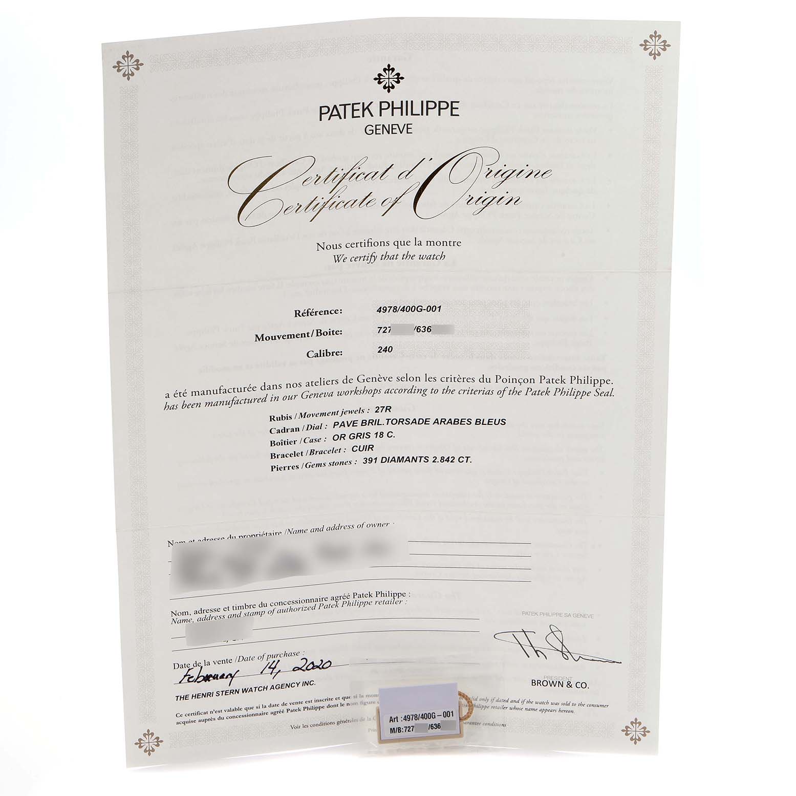 The image shows a Certificate of Origin for a Patek Philippe Calatrava 4978/400G-001 Men
s White Gold Silver Dial 4978/400G-001 Men
s White Gold Silver Dial model, with no watch visible.