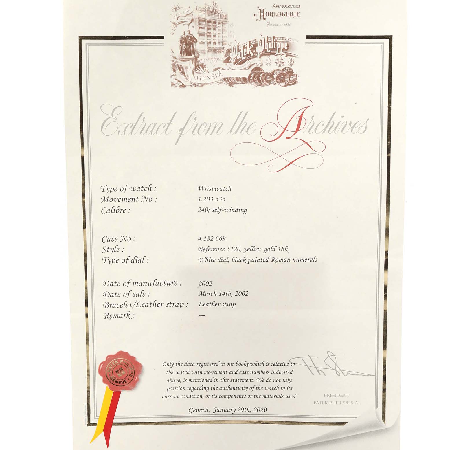 This document is an "Extract from the Archives" for a Patek Philippe Calatrava 5120J Men's Yellow Gold White Dial 5120J Men's Yellow Gold White Dial, providing details like movement, case, and date of sale.