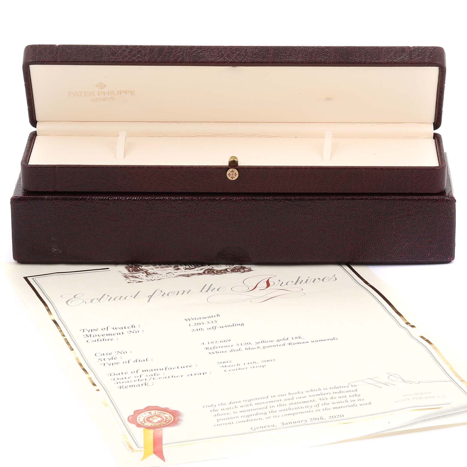 The image shows an open box for a Patek Philippe Calatrava 5120J Men's Yellow Gold White Dial 5120J Men's Yellow Gold White Dial watch and a certificate from the archives.