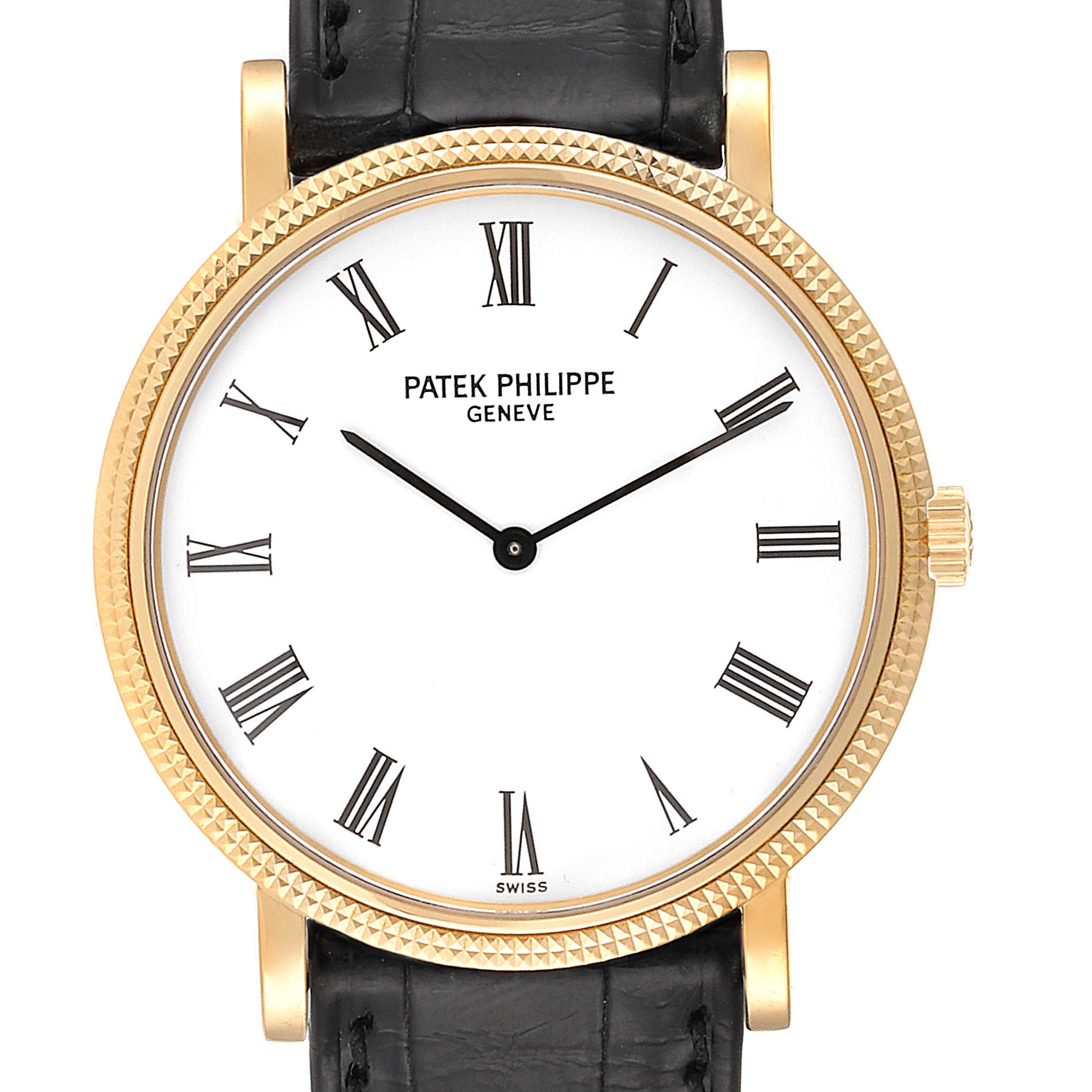 The image shows a front view of the Patek Philippe Calatrava 5120J Men's Yellow Gold White Dial 5120J Men's Yellow Gold White Dial watch with a gold case, black leather strap, and white dial.