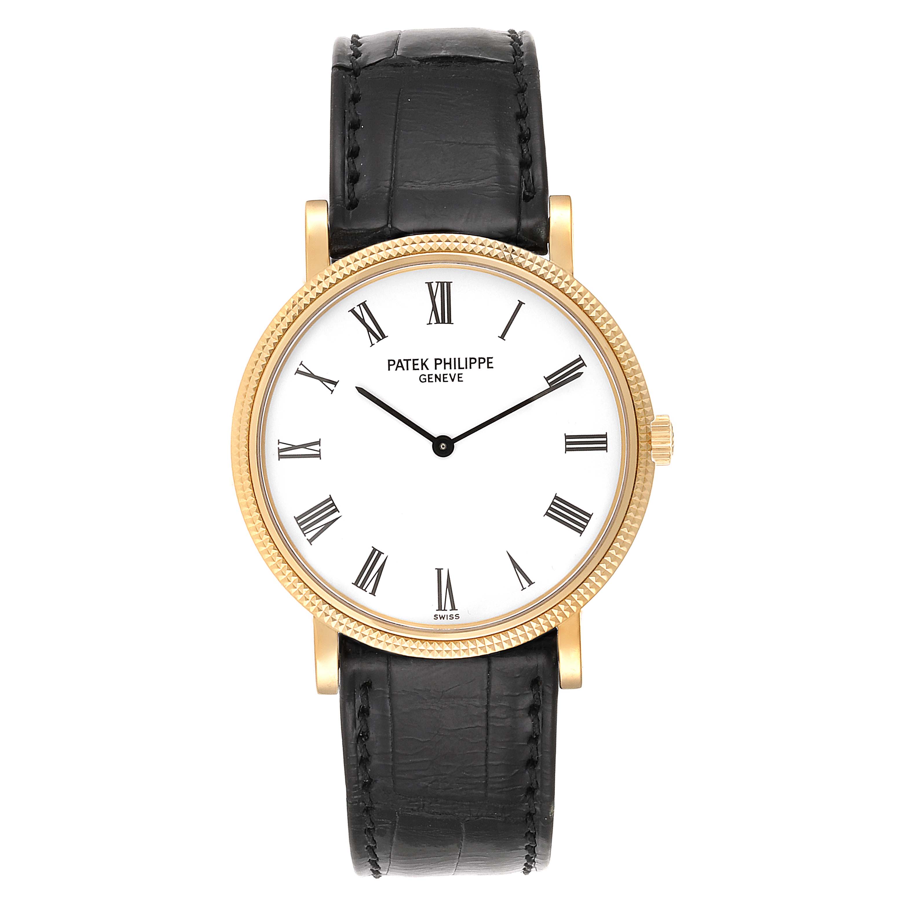 The image shows a frontal view of a Patek Philippe Calatrava 5120J Men's Yellow Gold White Dial 5120J Men's Yellow Gold White Dial watch, displaying its face, case, crown, and leather strap.