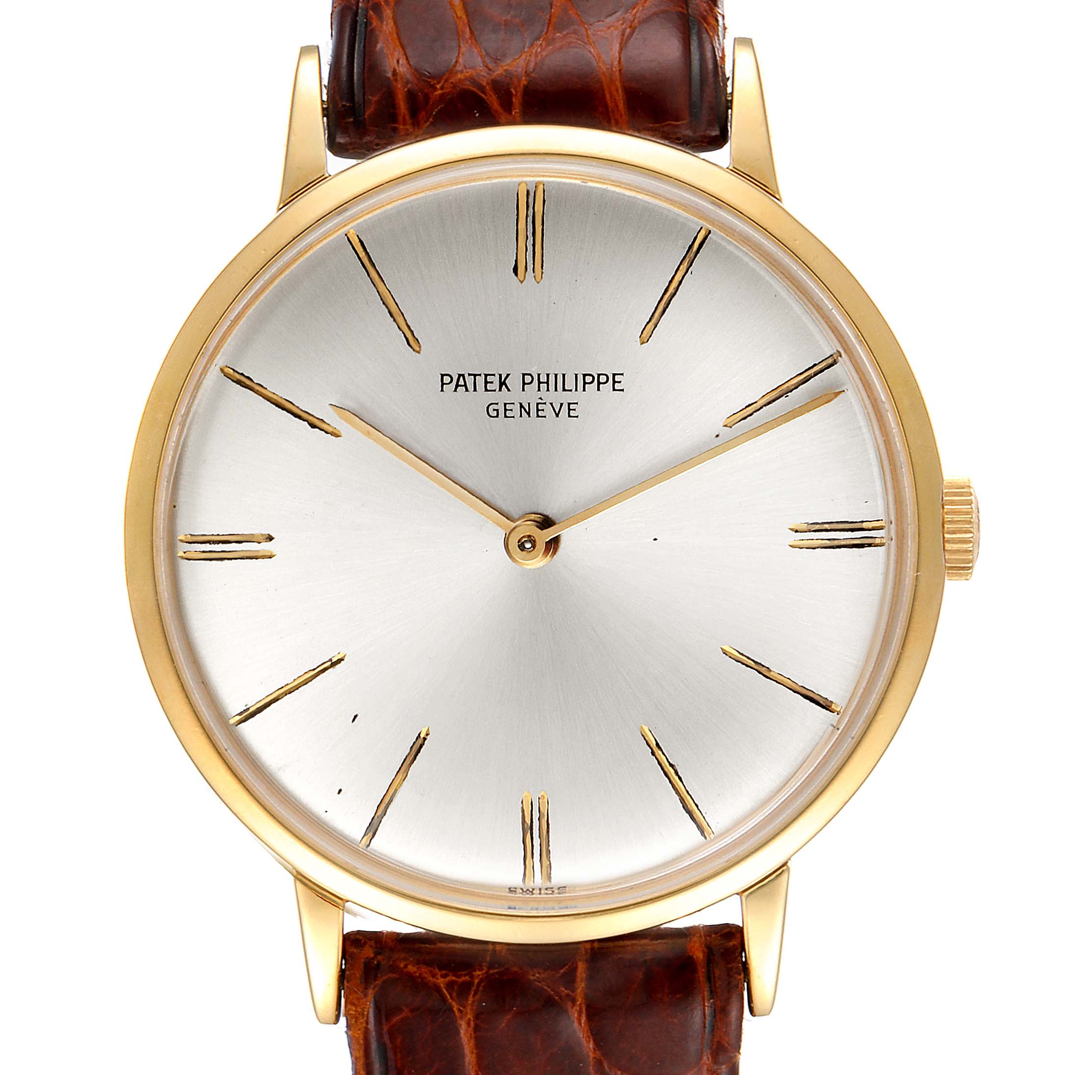This image shows a frontal view of a Patek Philippe Calatrava 3468 Men's Yellow Gold Silver Dial 3468 Men's Yellow Gold Silver Dial watch, highlighting its dial, hands, markers, and brown leather strap.