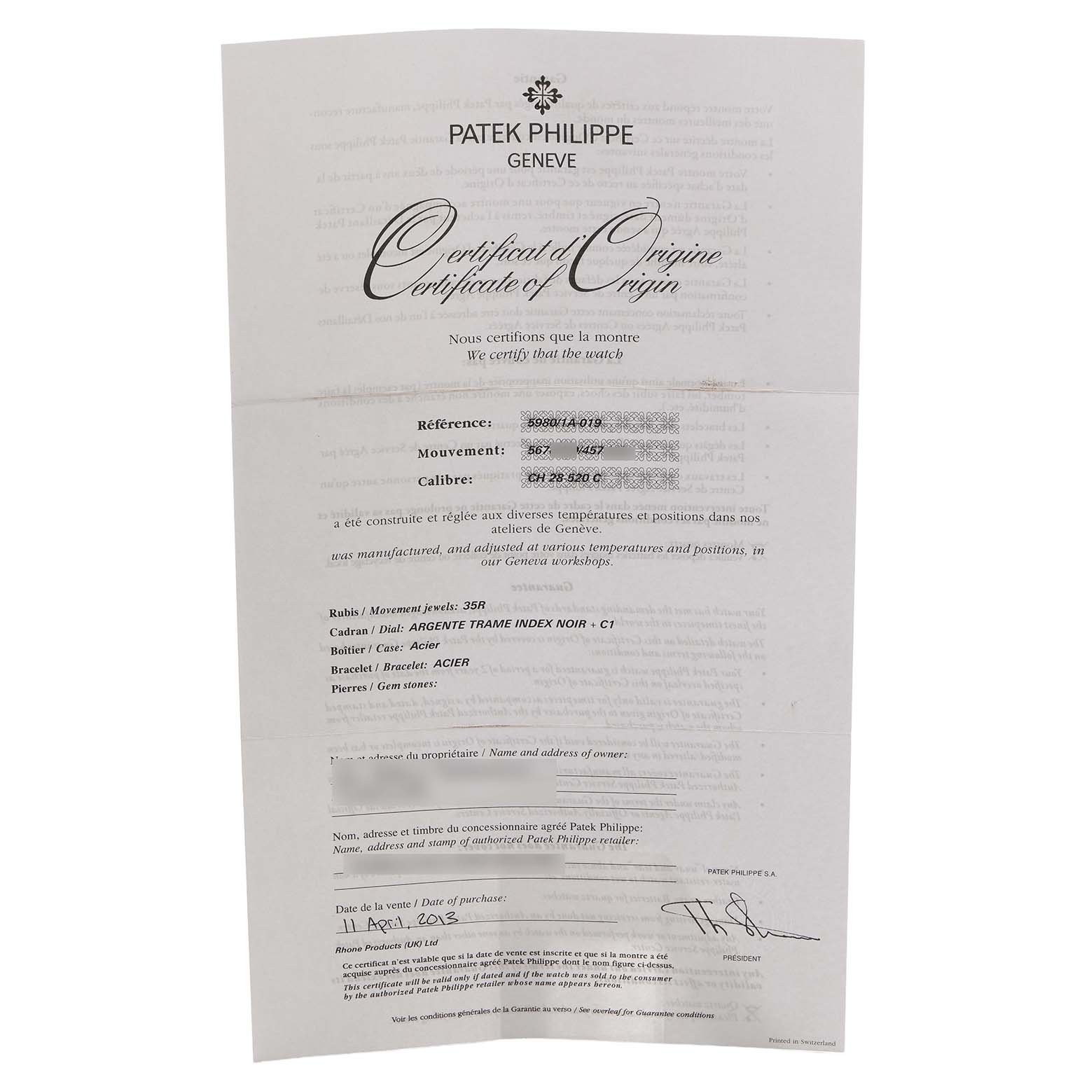 The image shows a Patek Philippe Nautilus 5980/1A-019 Men's Stainless Steel White Dial certificate of origin, detailing the watch's specifications and purchase date.