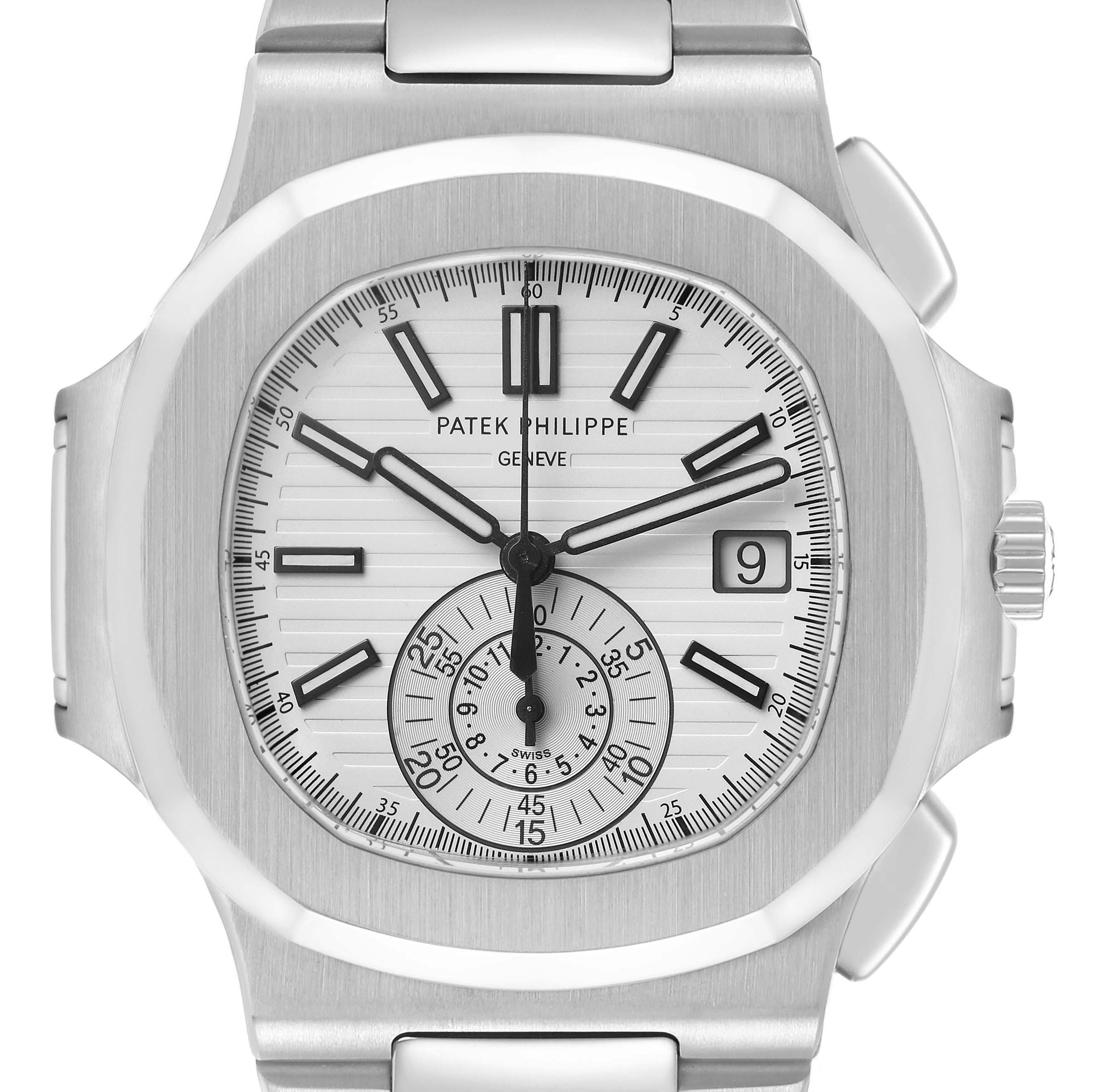 The image shows a frontal view of the Patek Philippe Nautilus 5980/1A-019 Men's Stainless Steel White Dial watch, highlighting its dial, hands, subdial, and date window.