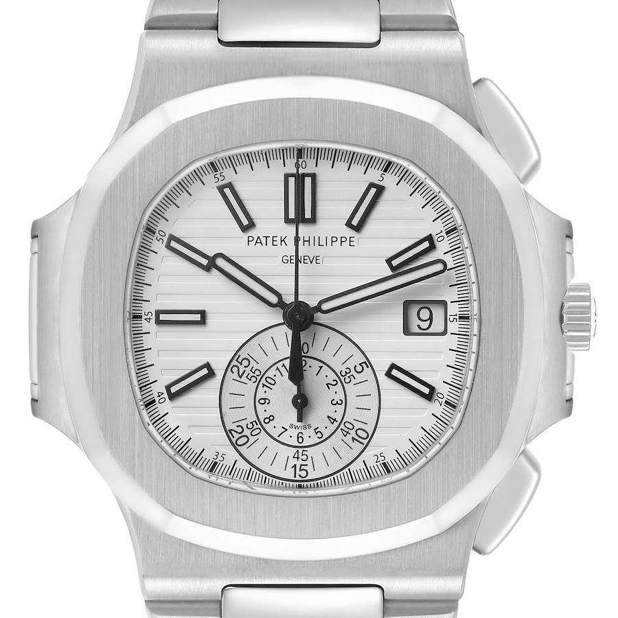 The image shows a frontal view of the Patek Philippe Nautilus 5980/1A-019 Men's Stainless Steel White Dial watch, highlighting its dial, hands, subdial, and date window.