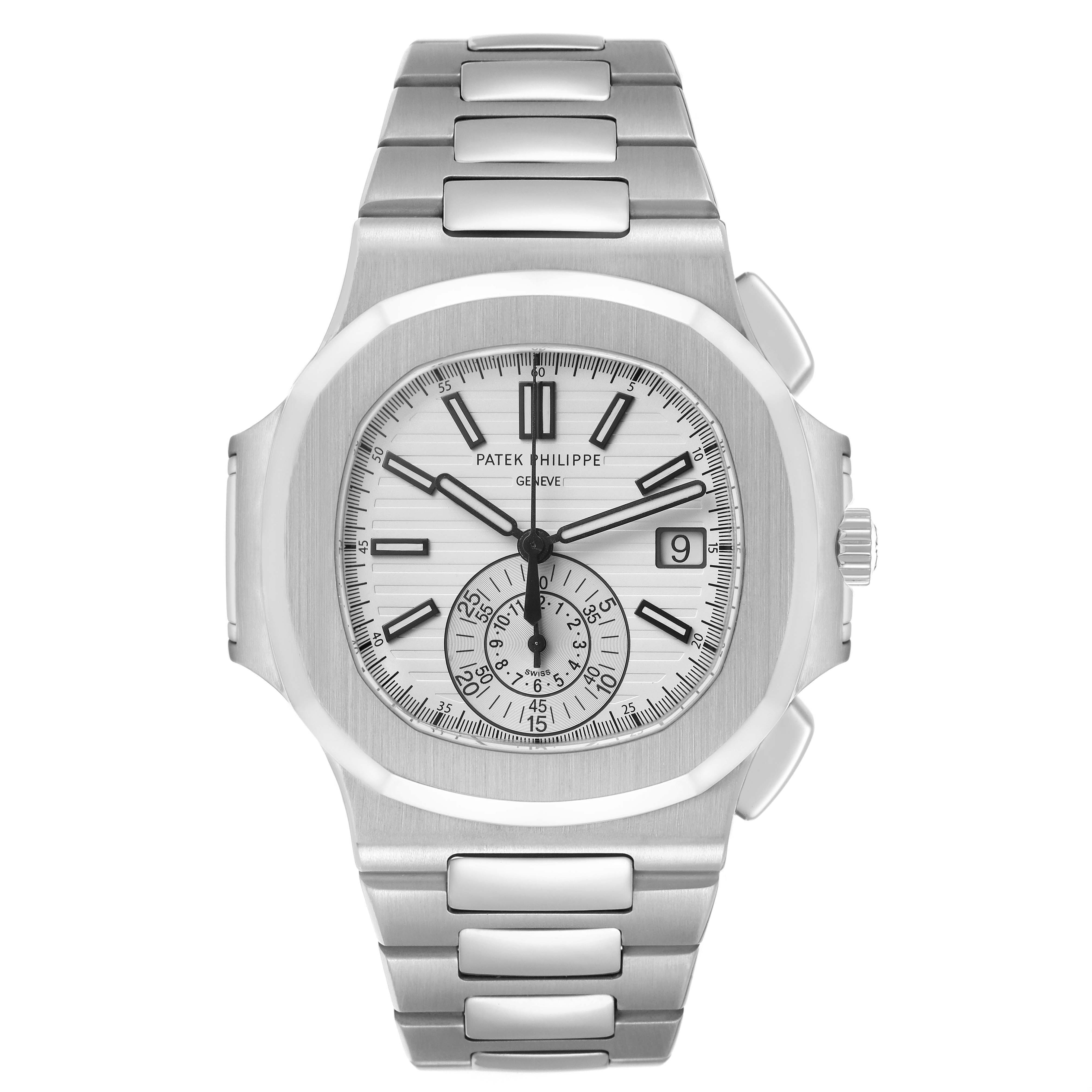 The Patek Philippe Nautilus 5980/1A-019 Men's Stainless Steel White Dial watch is shown from a front angle, displaying the dial, bezel, crown, and bracelet.