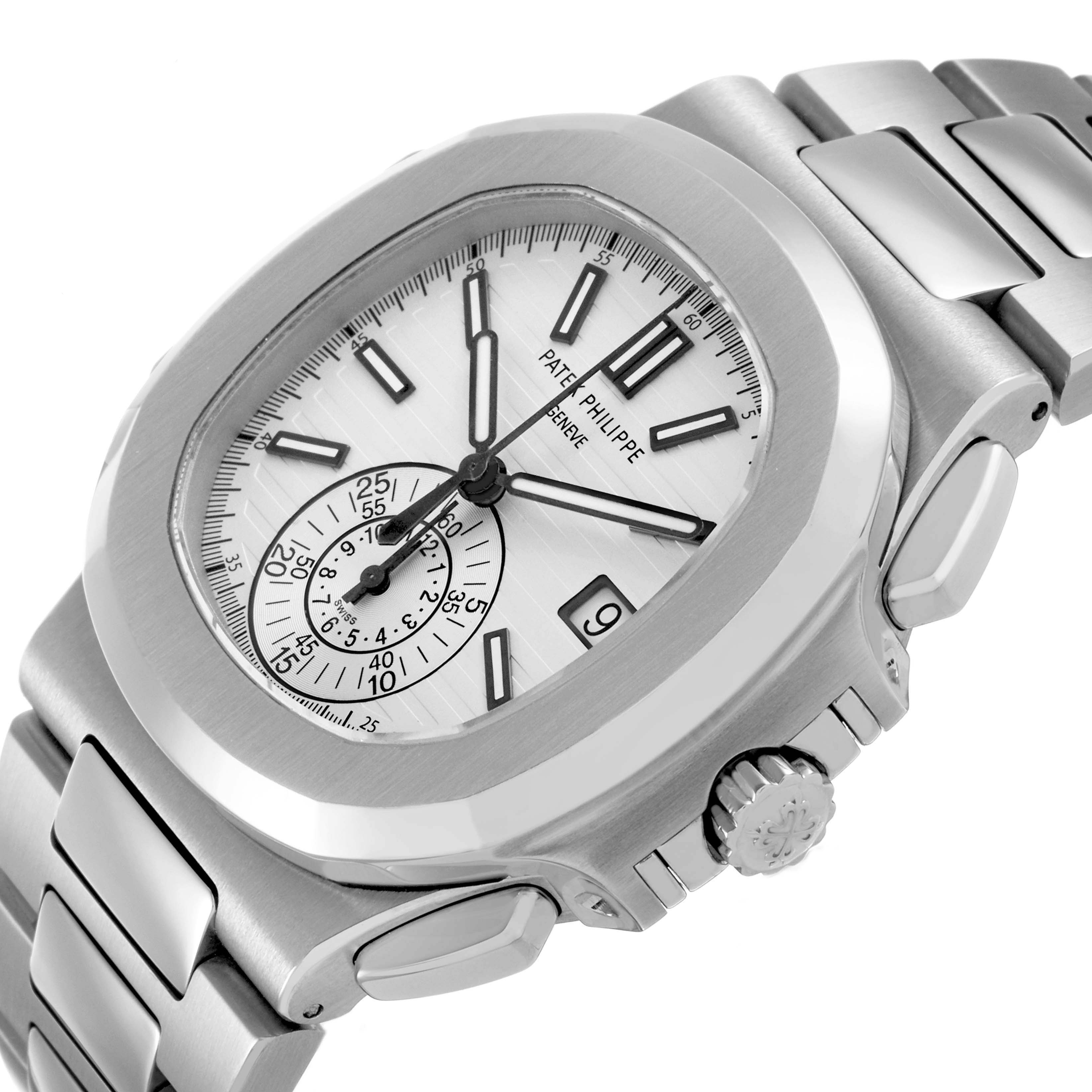 This image shows a Patek Philippe Nautilus 5980/1A-019 Men's Stainless Steel White Dial watch at a three-quarter angle, highlighting the dial, crown, and bracelet.