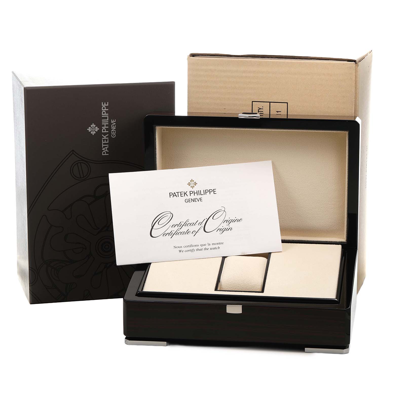 The image shows a Patek Philippe Nautilus 5980/1A-019 Men's Stainless Steel White Dial watch box, papers, and a certificate, viewed from the front.