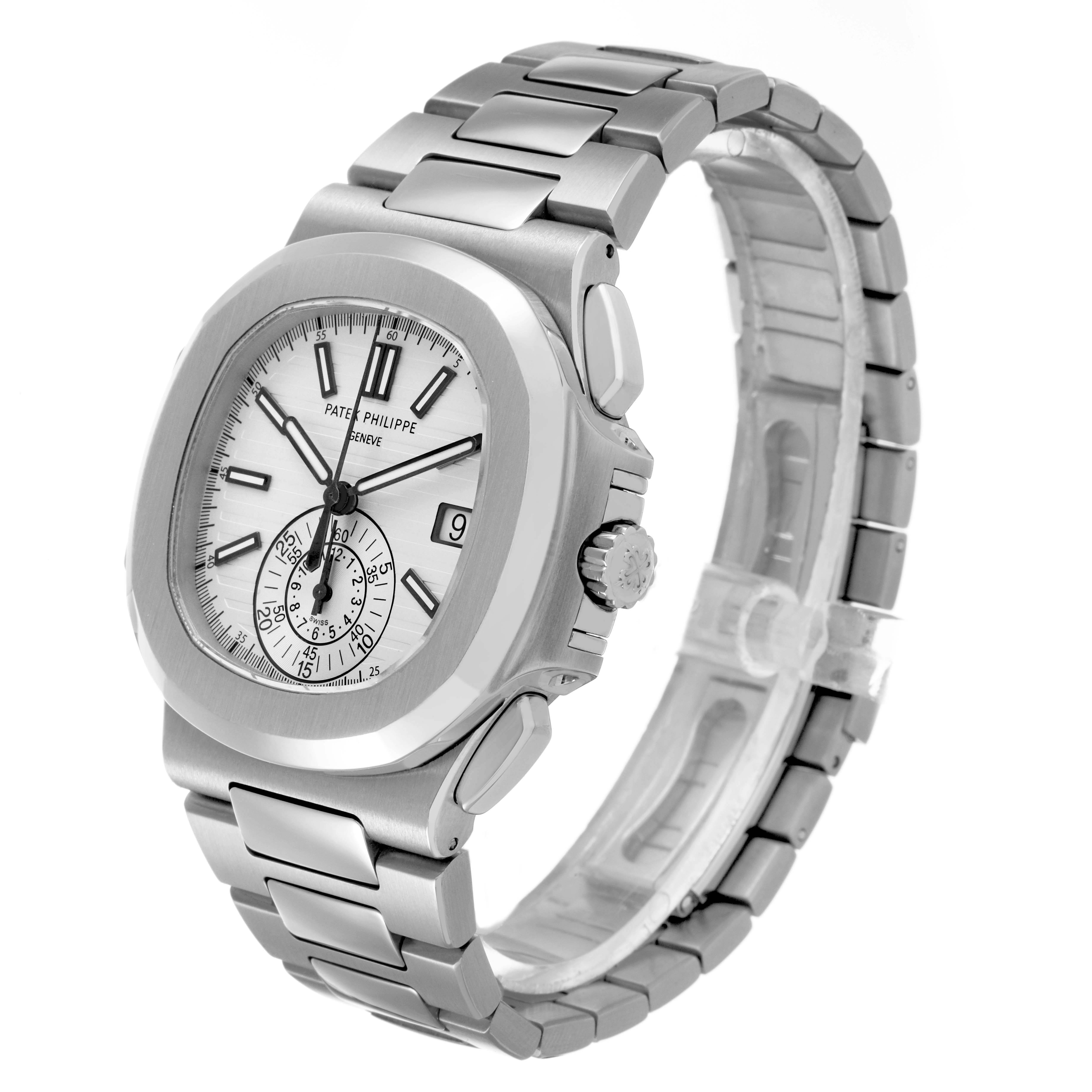 The Patek Philippe Nautilus 5980/1A-019 Men's Stainless Steel White Dial watch is shown at a three-quarter angle, highlighting the face, bezel, crown, and bracelet.
