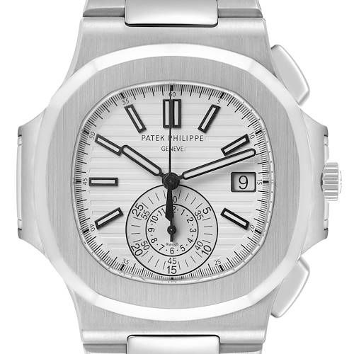 The image shows a frontal view of the Patek Philippe Nautilus 5980/1A-019 Mens Stainless Steel White Dial, highlighting its dial, bezel, crown, and chronograph subdials.