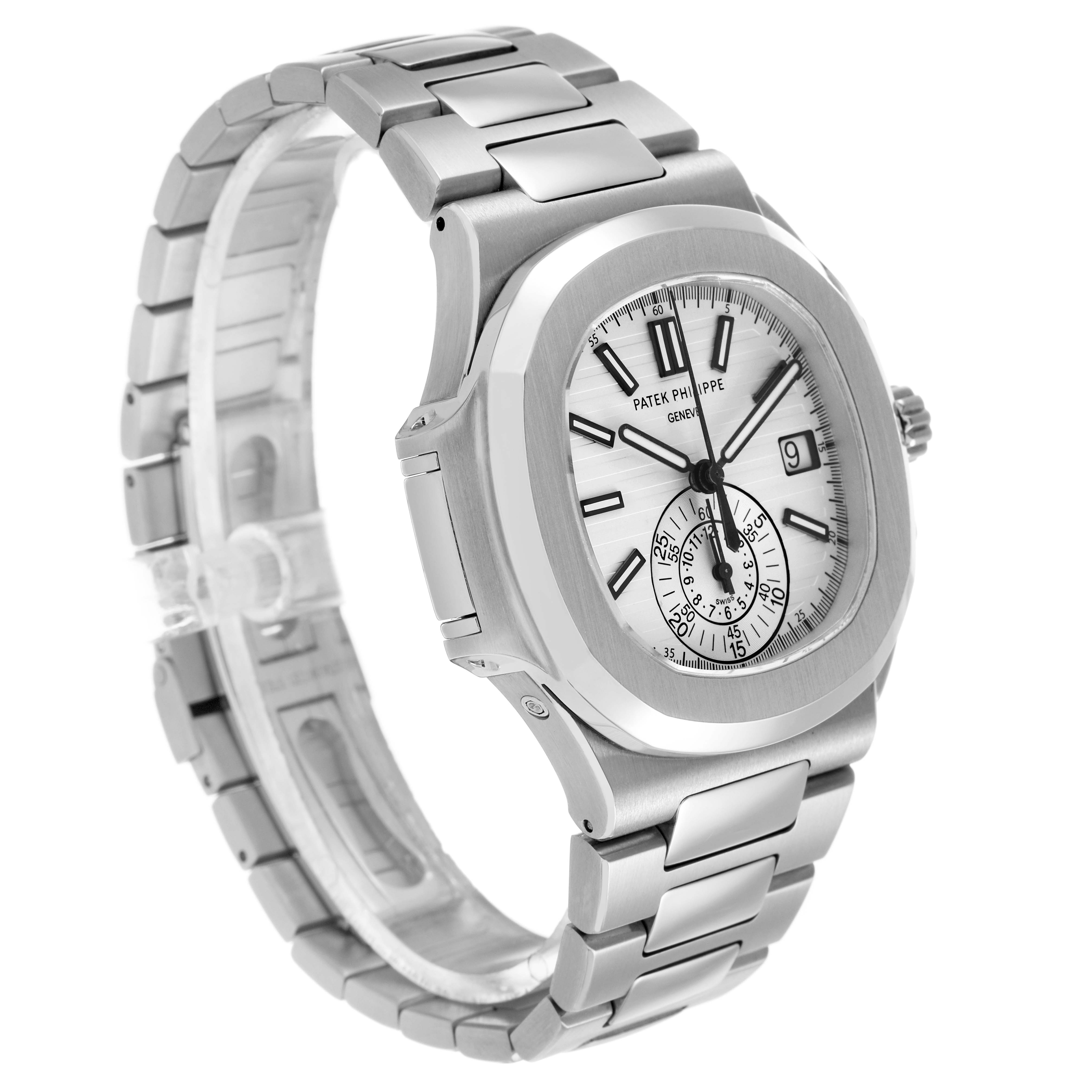 The image shows a Patek Philippe Nautilus 5980/1A-019 Men's Stainless Steel White Dial watch angled from the side, highlighting its face, bezel, and bracelet.