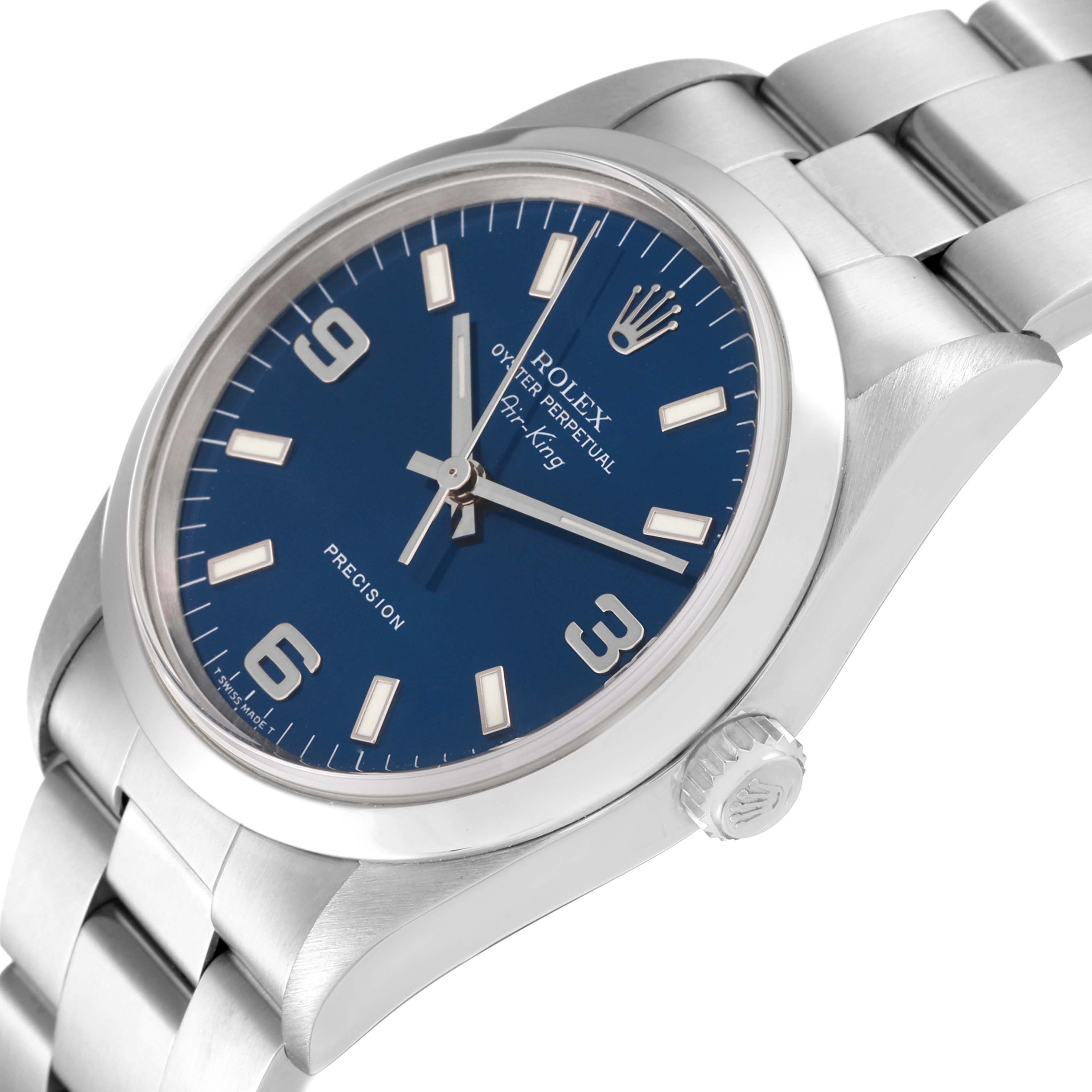 The image shows a Rolex Air-King 14000 Men's Stainless Steel Blue Dial 14000 Men's Stainless Steel Blue Dial watch at an angled close-up, highlighting the blue dial, crown, and stainless steel bracelet.