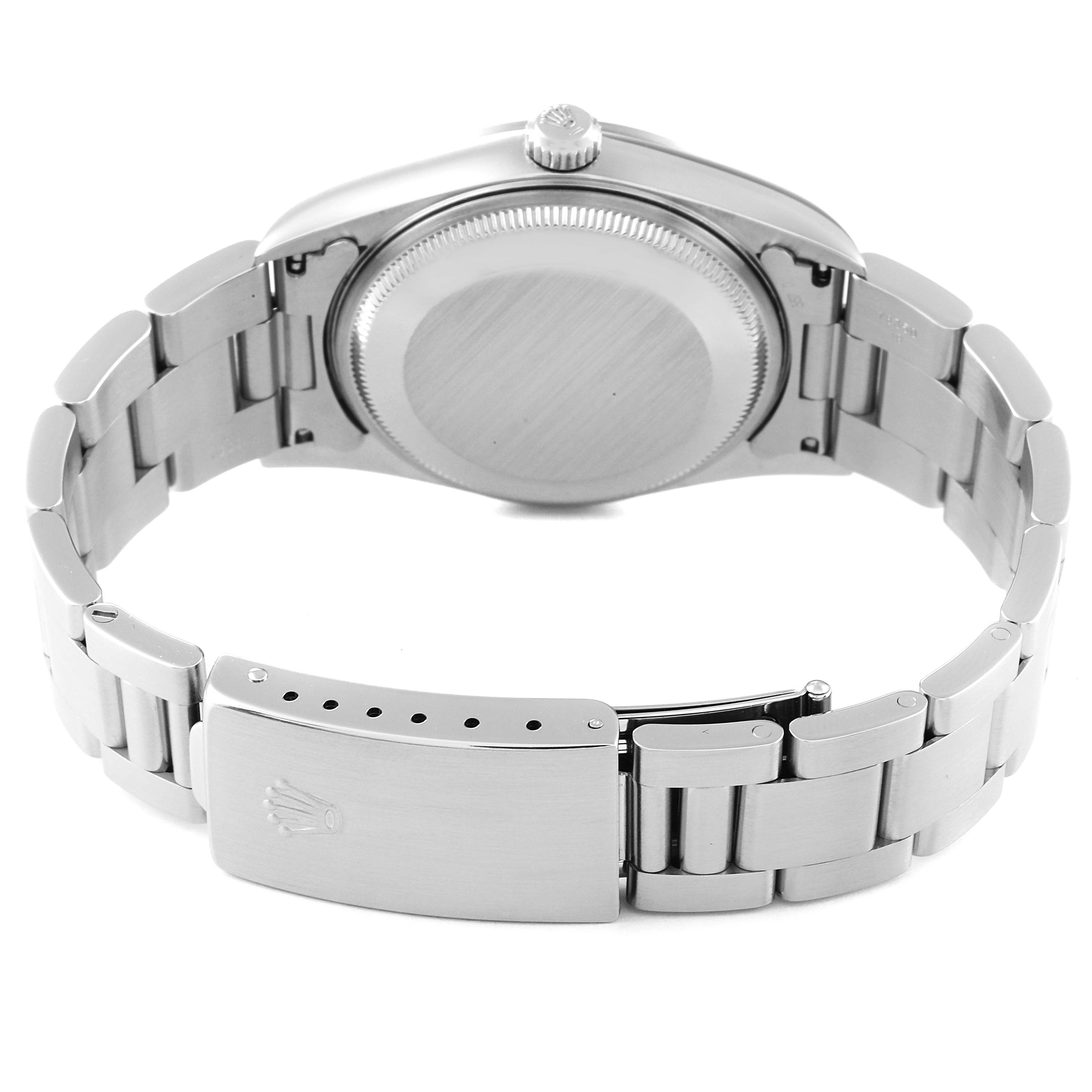 The image shows the back view of the Rolex Air-King 14000 Men's Stainless Steel Blue Dial 14000 Men's Stainless Steel Blue Dial watch, including the case back and metal bracelet with the clasp.