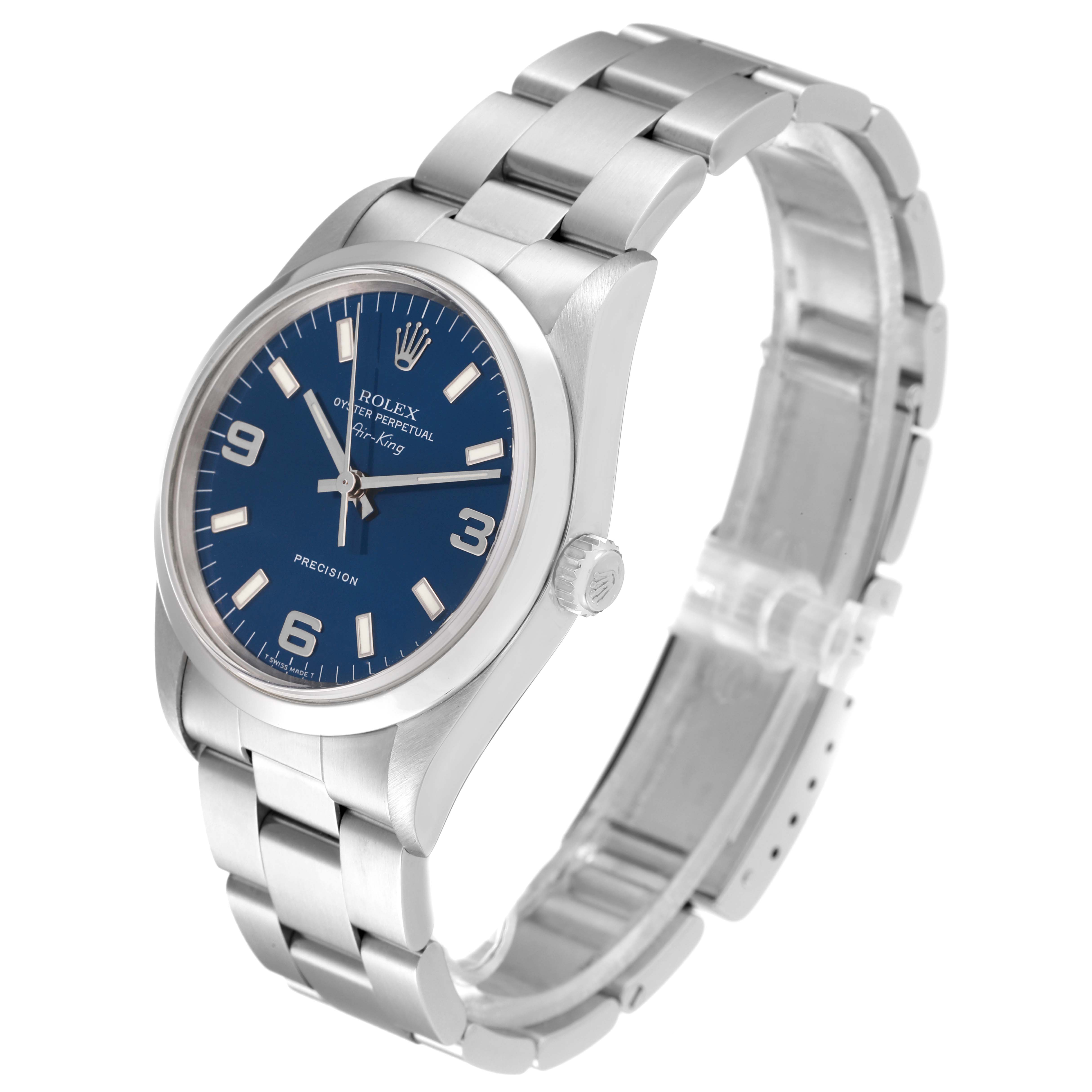 The Rolex Air-King 14000 Men's Stainless Steel Blue Dial 14000 Men's Stainless Steel Blue Dial watch is shown at an angled side view, displaying the face, bezel, crown, and bracelet.