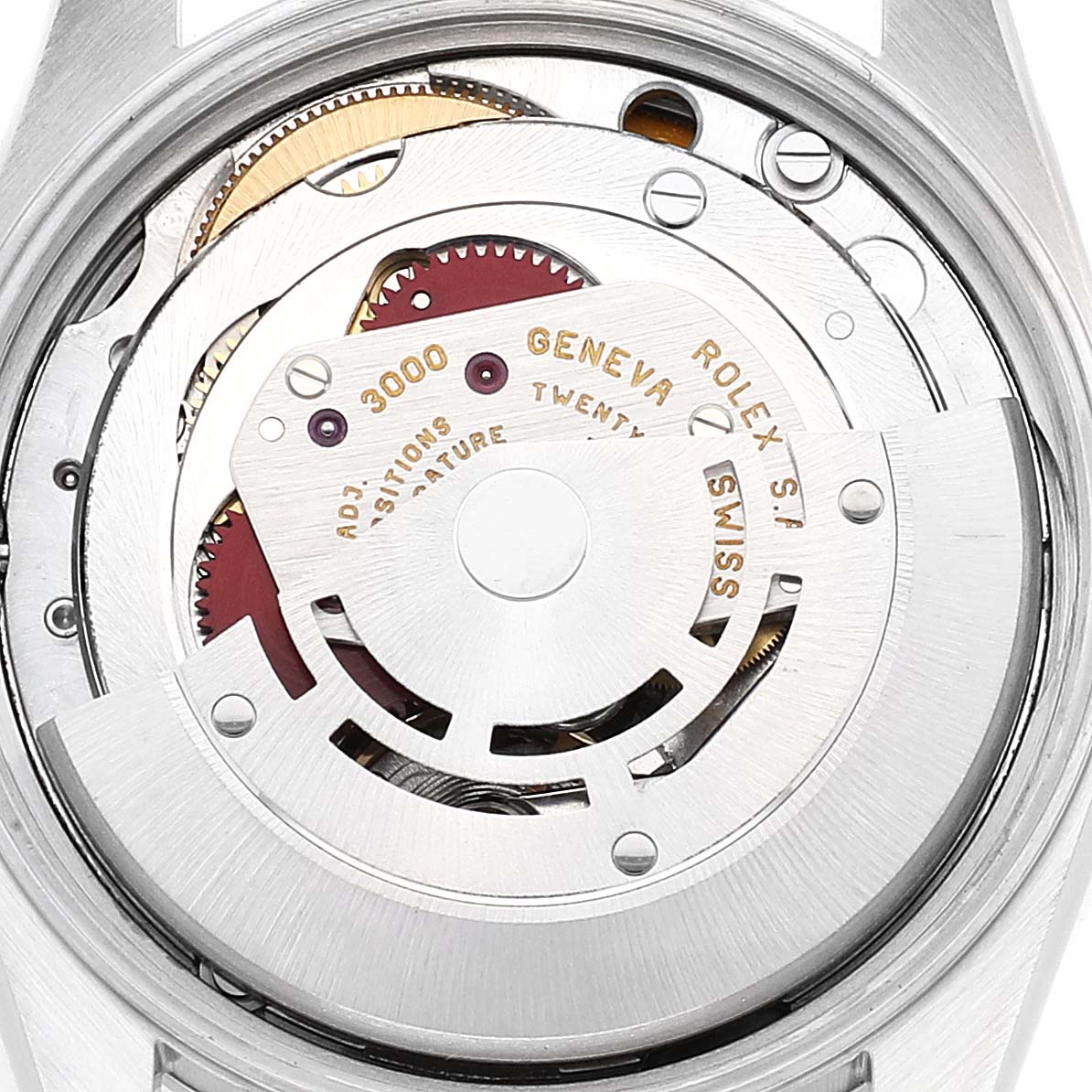 The image shows the internal mechanism of the Rolex Air-King 14000 Men's Stainless Steel Blue Dial 14000 Men's Stainless Steel Blue Dial watch, viewed from the back.