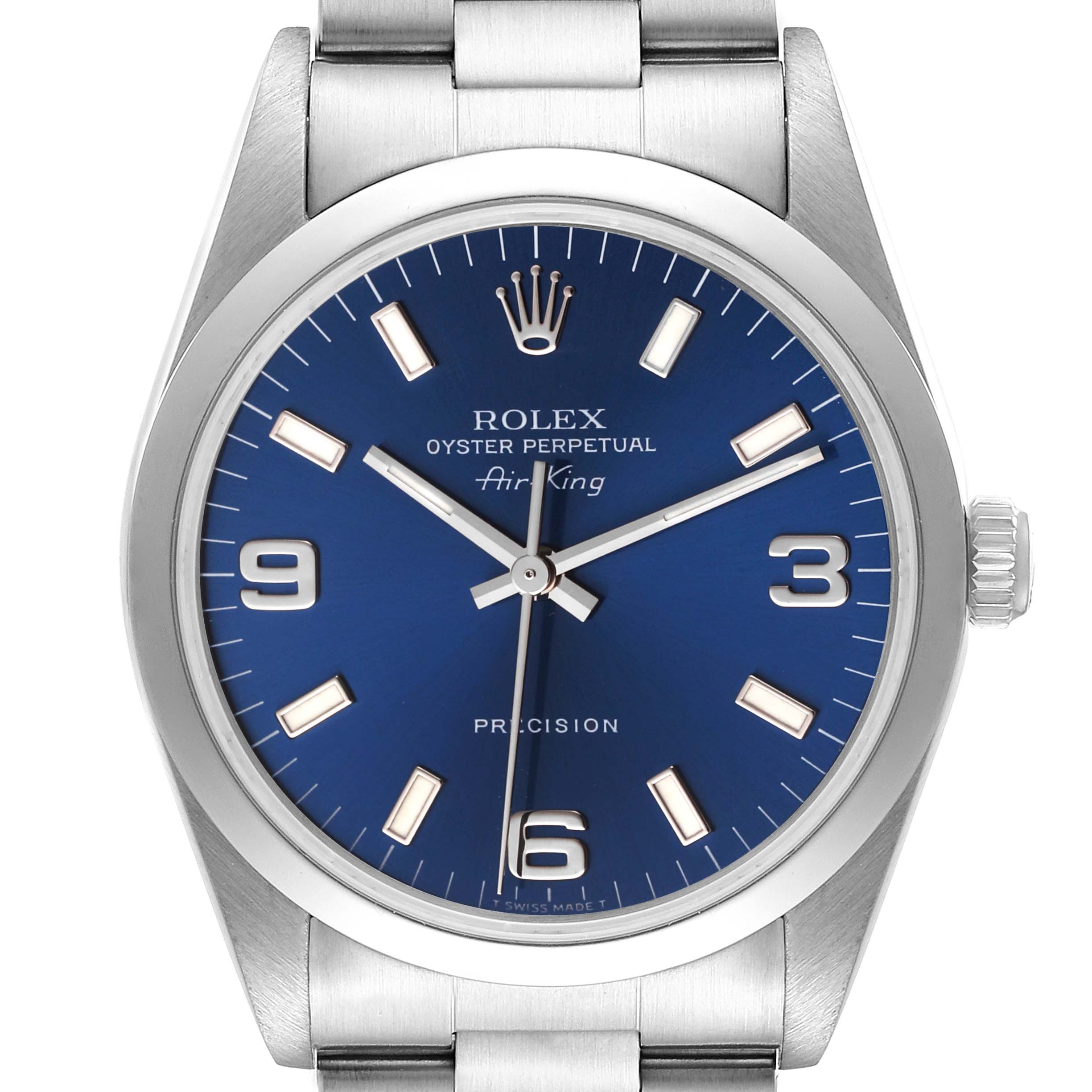 This image shows a front view of a Rolex Air-King 14000 Men's Stainless Steel Blue Dial 14000 Men's Stainless Steel Blue Dial watch featuring a blue dial and silver case.