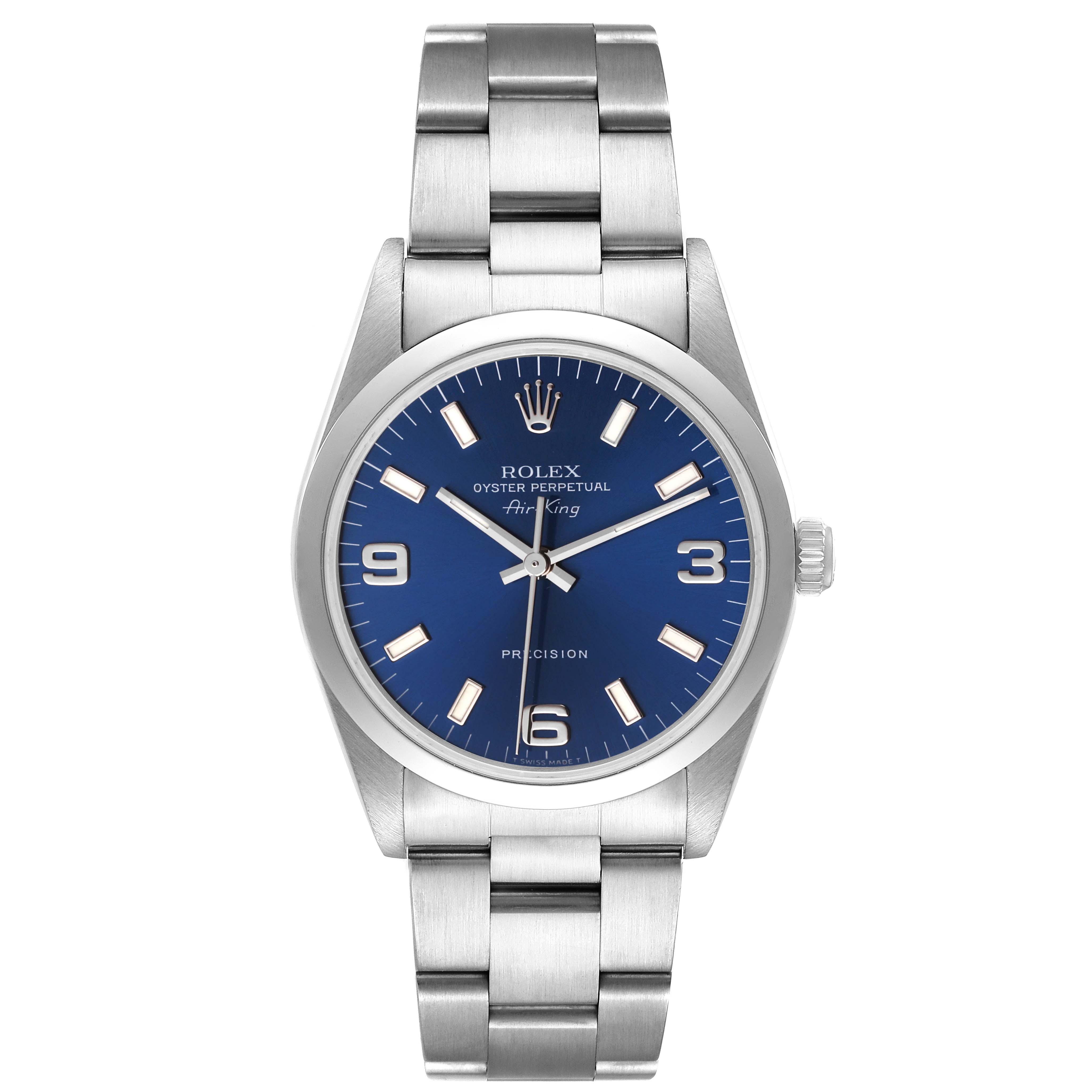 The Rolex Air-King 14000 Men's Stainless Steel Blue Dial 14000 Men's Stainless Steel Blue Dial is shown from a front angle, depicting the dial, hands, bezel, and bracelet.