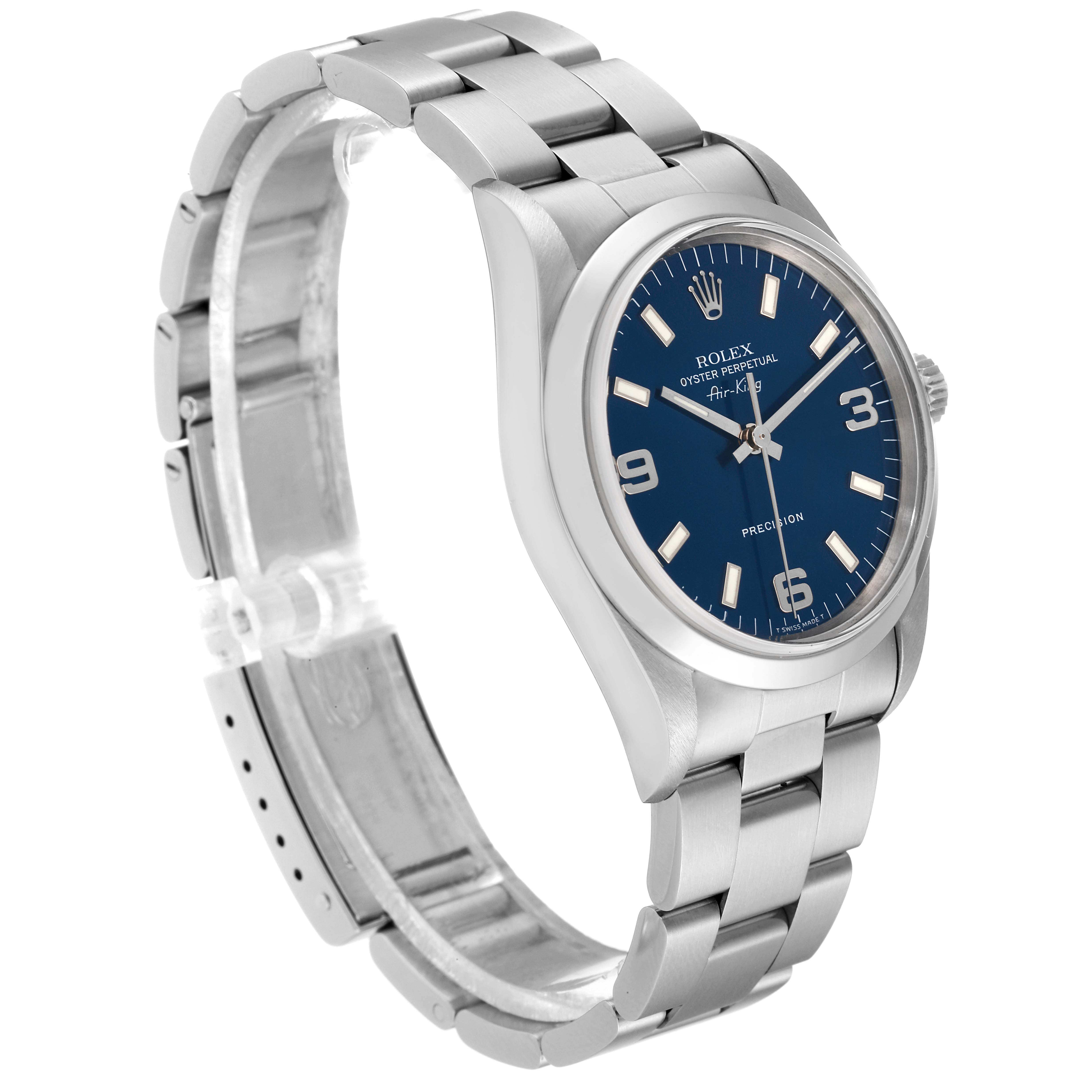 The image shows a Rolex Air-King 14000 Men's Stainless Steel Blue Dial 14000 Men's Stainless Steel Blue Dial watch at a three-quarter angle, highlighting the bracelet, dial, case, and crown.