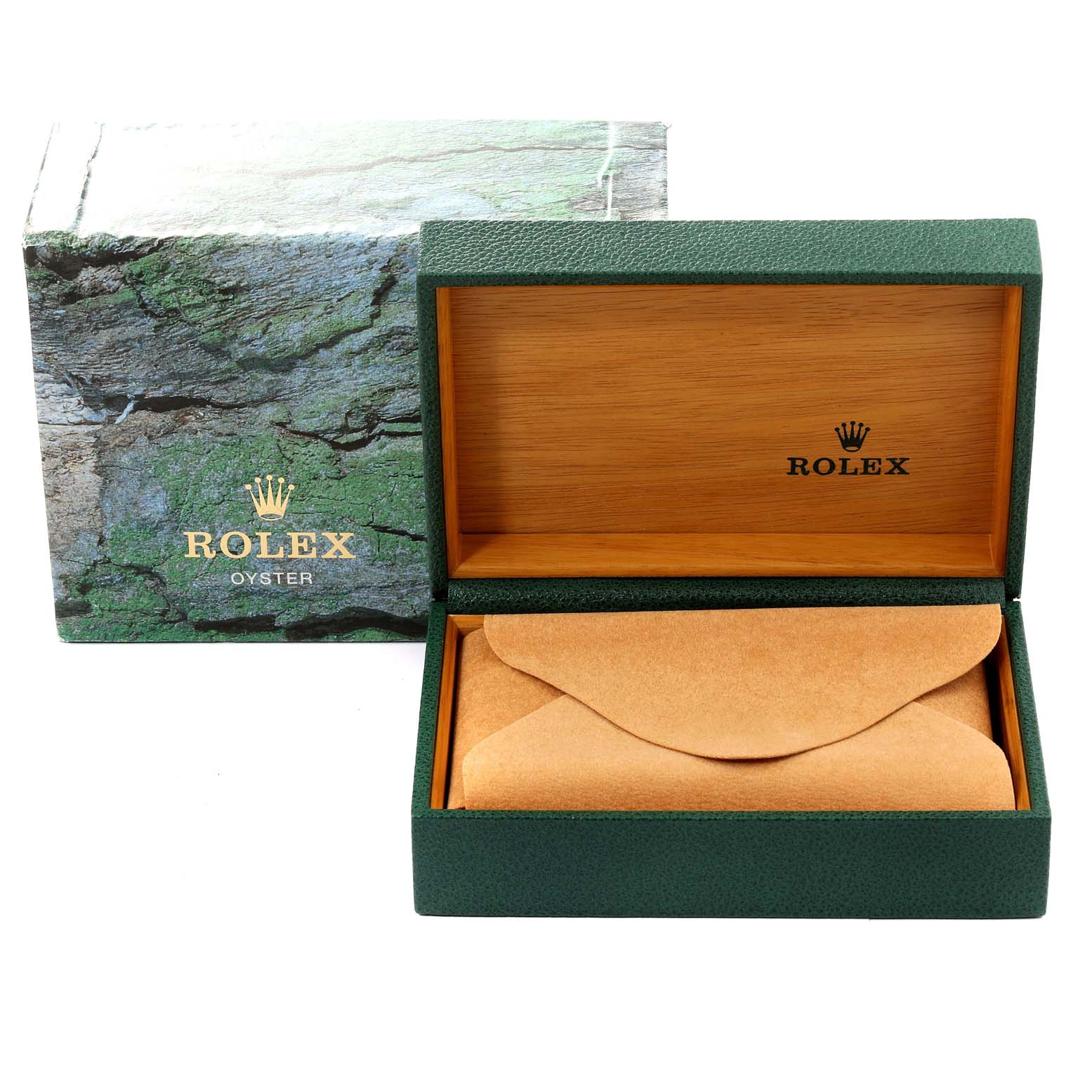 This image shows the open box and sleeve packaging for a Rolex Air-King 14000 Men's Stainless Steel Blue Dial 14000 Men's Stainless Steel Blue Dial watch, displaying the inner leather pouch.