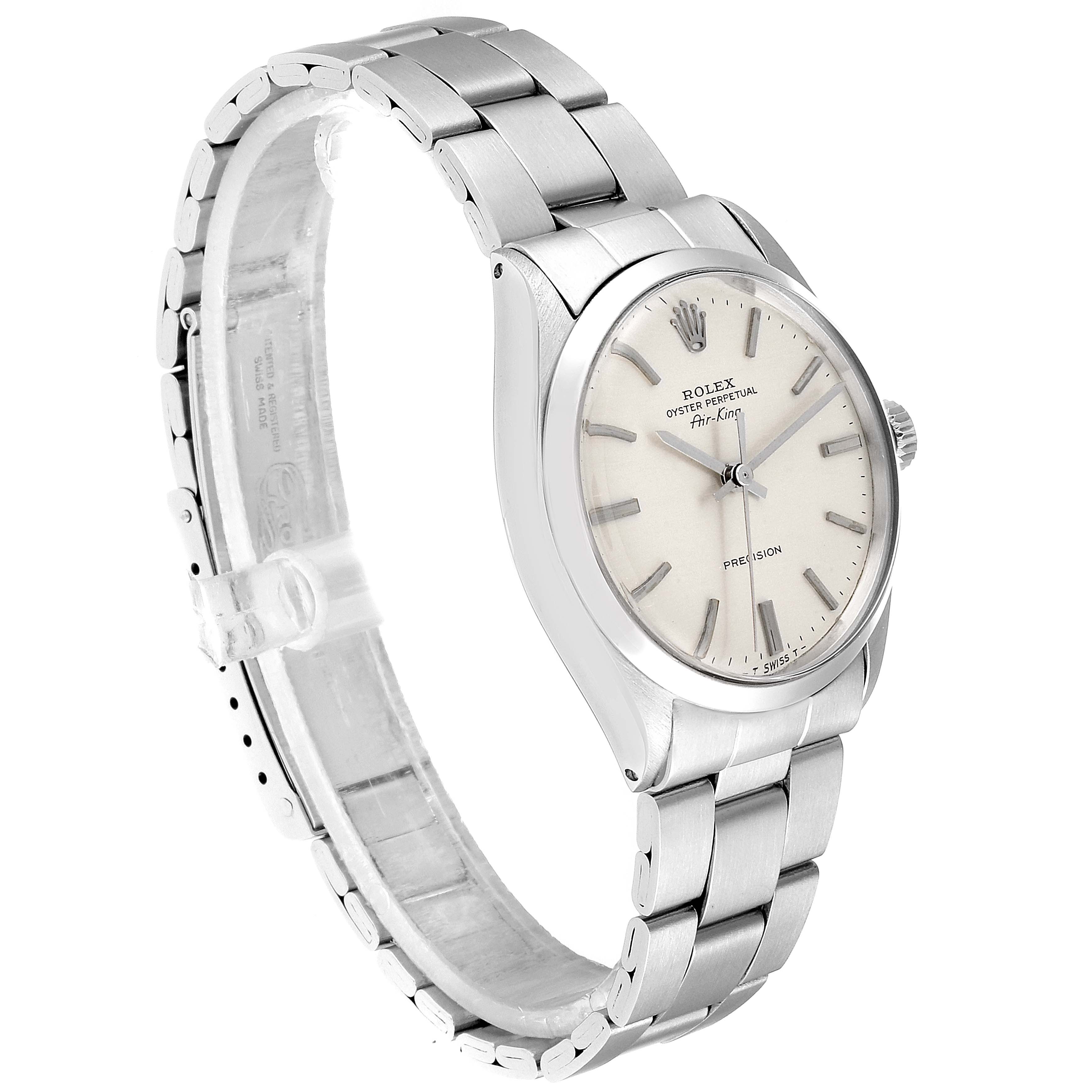 The image shows a side angle of the Rolex Air-King 5500 Men's Stainless Steel Silver Dial 5500 Men's Stainless Steel Silver Dial watch, highlighting its stainless steel case, dial, and bracelet.