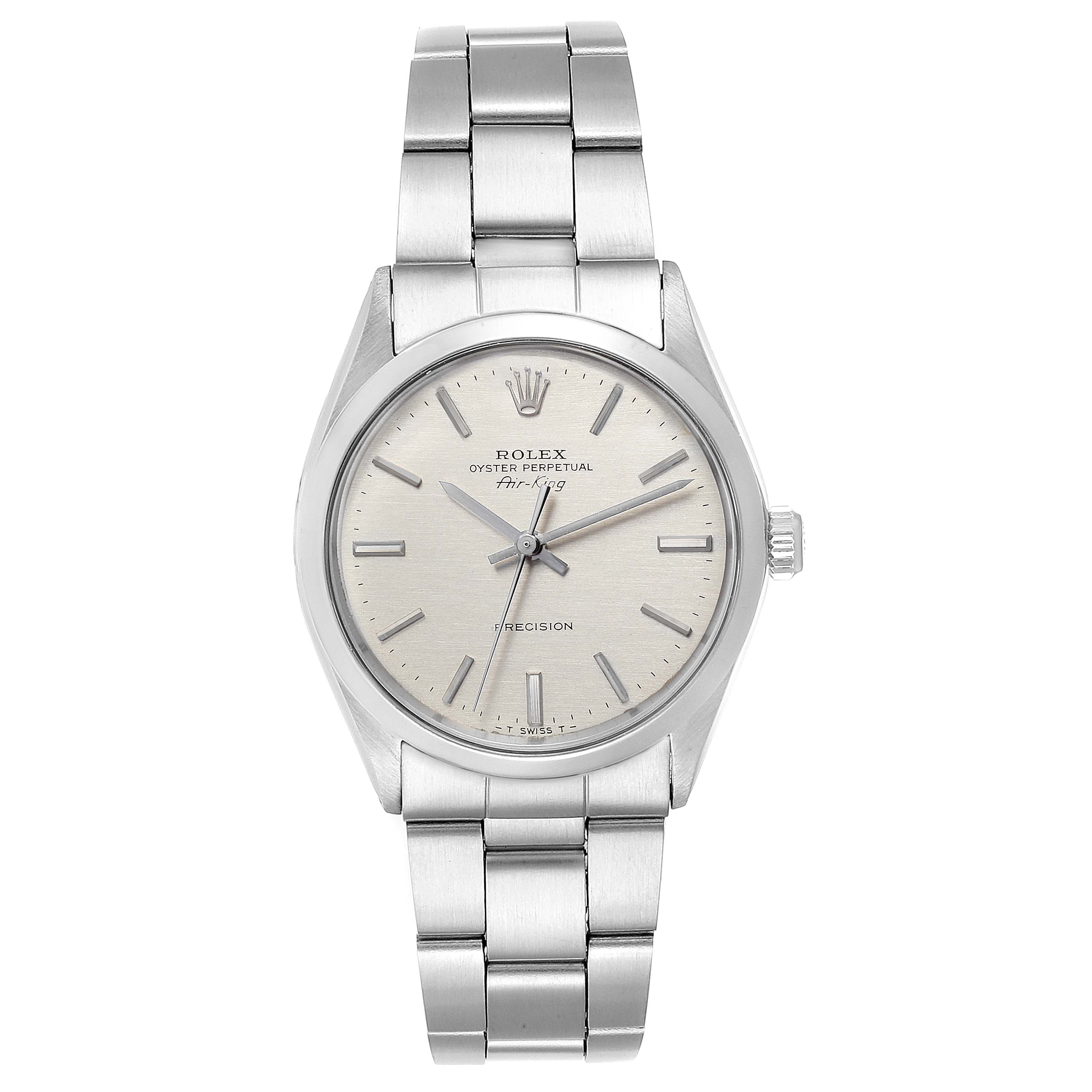 The image shows a front view of the Rolex Air-King 5500 Men's Stainless Steel Silver Dial 5500 Men's Stainless Steel Silver Dial watch, highlighting the dial, bezel, crown, and stainless steel bracelet.