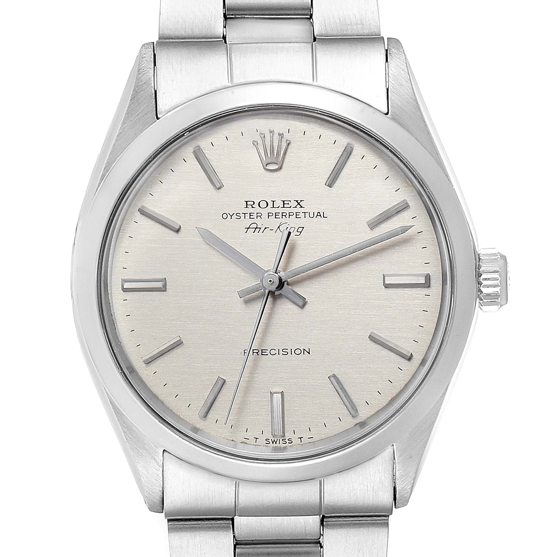 The image shows a front view of the Rolex Air-King 5500 Men's Stainless Steel Silver Dial 5500 Men's Stainless Steel Silver Dial watch, displaying the face, hour markers, hands, crown, and part of the bracelet.