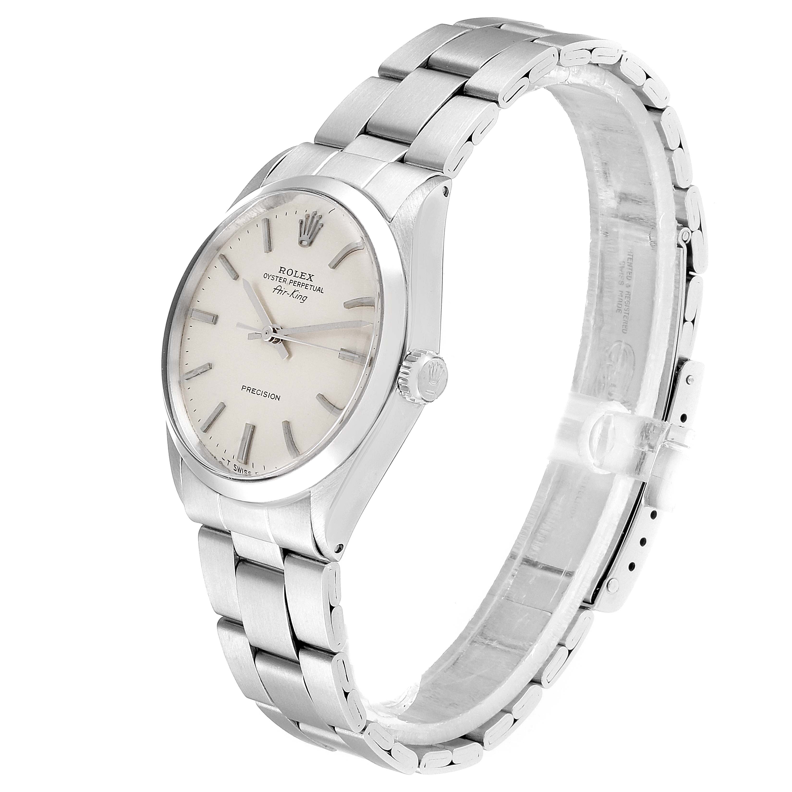The image shows a Rolex Air-King 5500 Men's Stainless Steel Silver Dial 5500 Men's Stainless Steel Silver Dial watch at a three-quarter angle, highlighting its face, bezel, crown, and bracelet.
