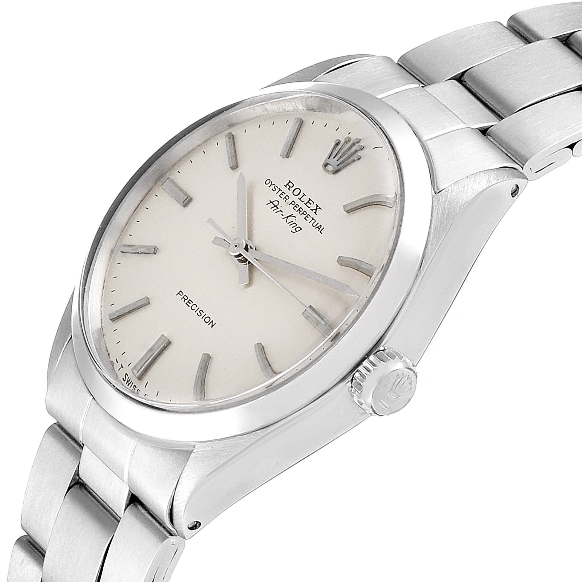 The image shows a side angle of a Rolex Air-King 5500 Men's Stainless Steel Silver Dial 5500 Men's Stainless Steel Silver Dial watch displaying the dial, crown, and part of the bracelet.