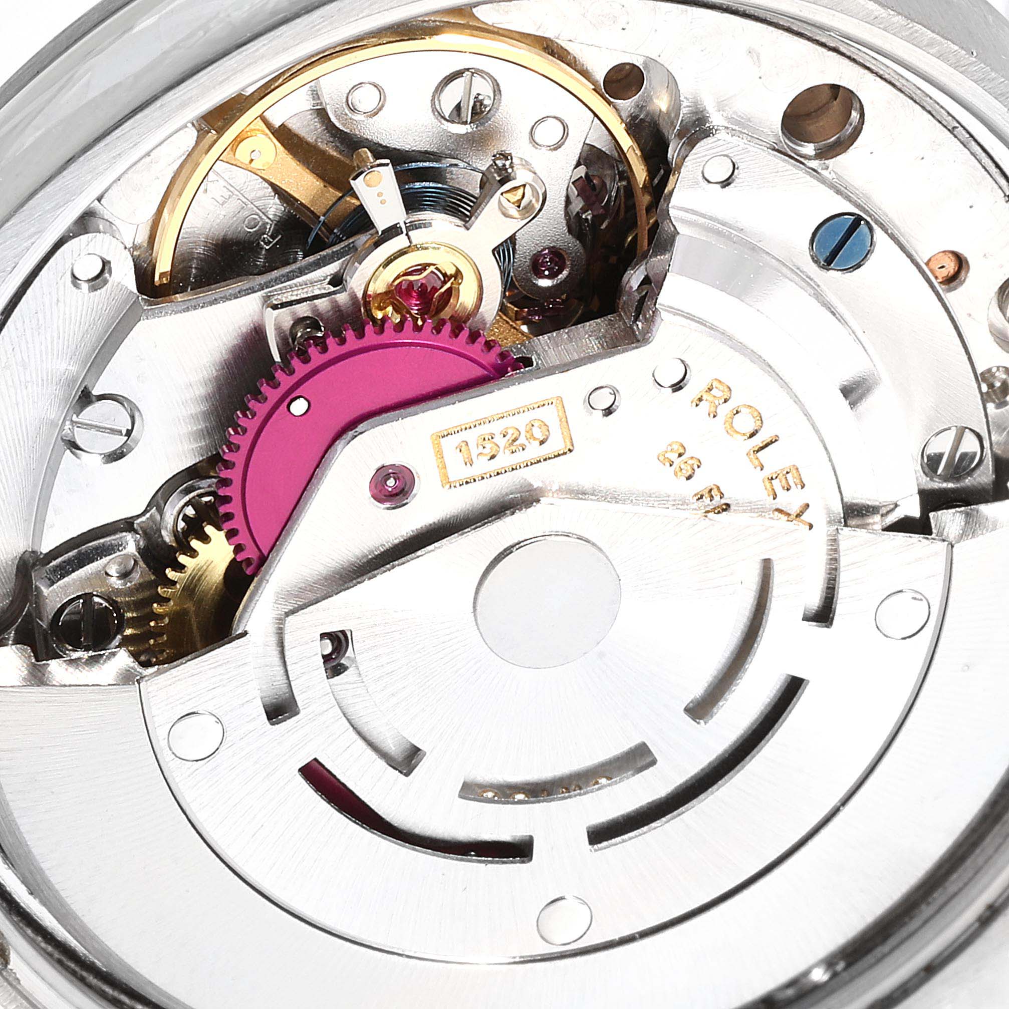 This image shows a close-up view of the internal mechanism of a Rolex Air-King 5500 Men's Stainless Steel Silver Dial 5500 Men's Stainless Steel Silver Dial watch, showcasing the movement components.