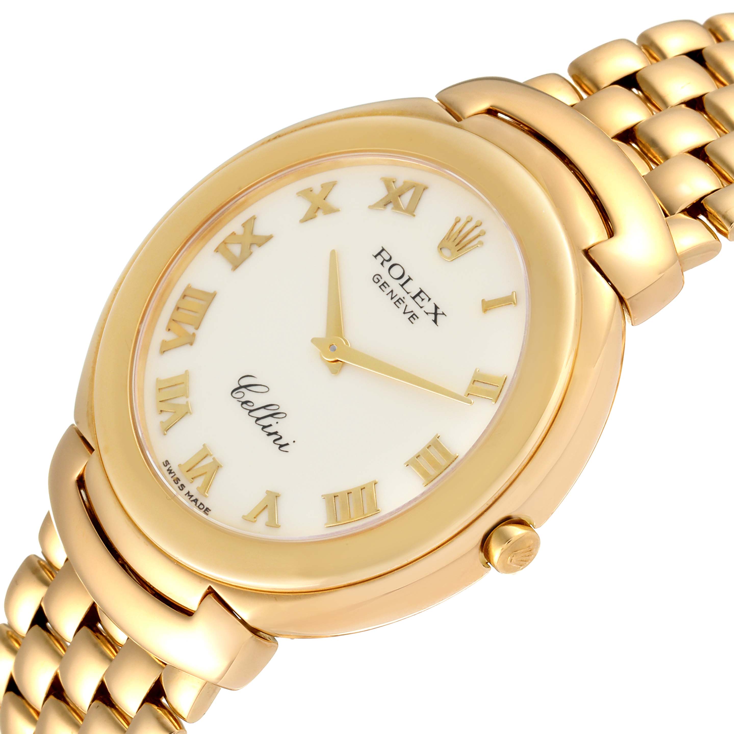 This image shows a partial side angle of the Rolex Cellini 6623 Men's Yellow Gold Beige Dial 6623 Men's Yellow Gold Beige Dial watch, highlighting its face, bezel, and bracelet.